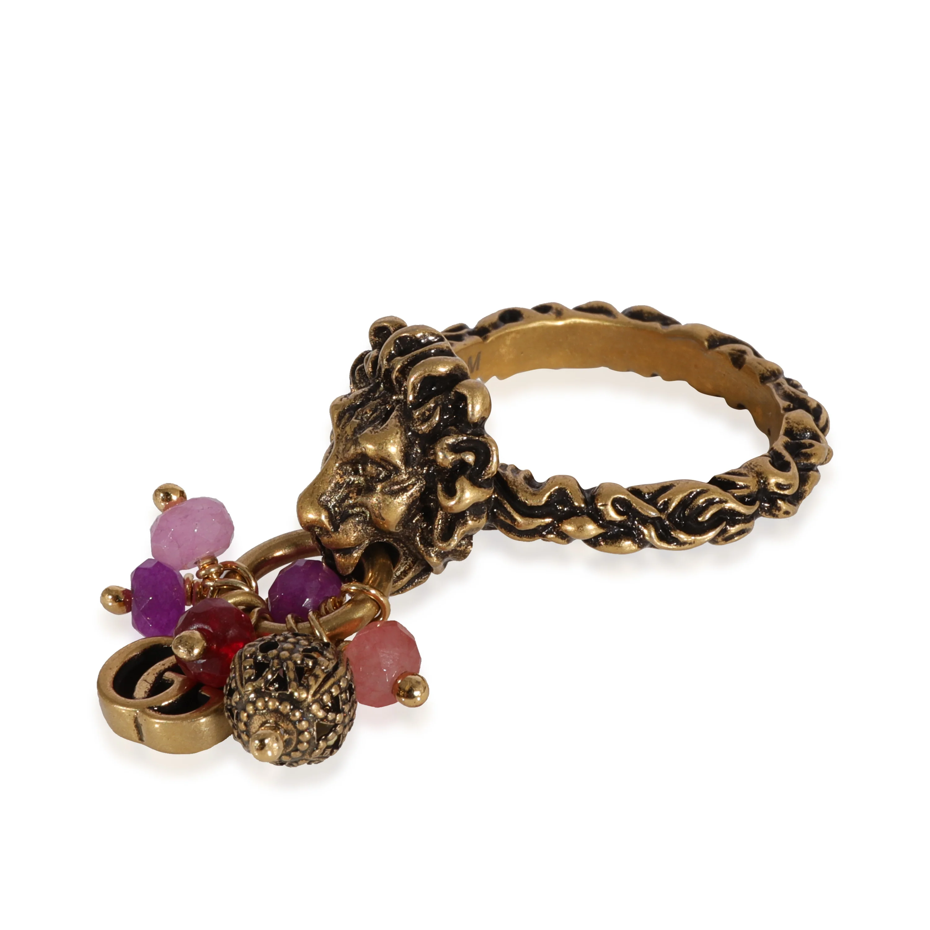 Brass Tone Lion Head & Beaded Charm Ring with Marmot GG - Image 2