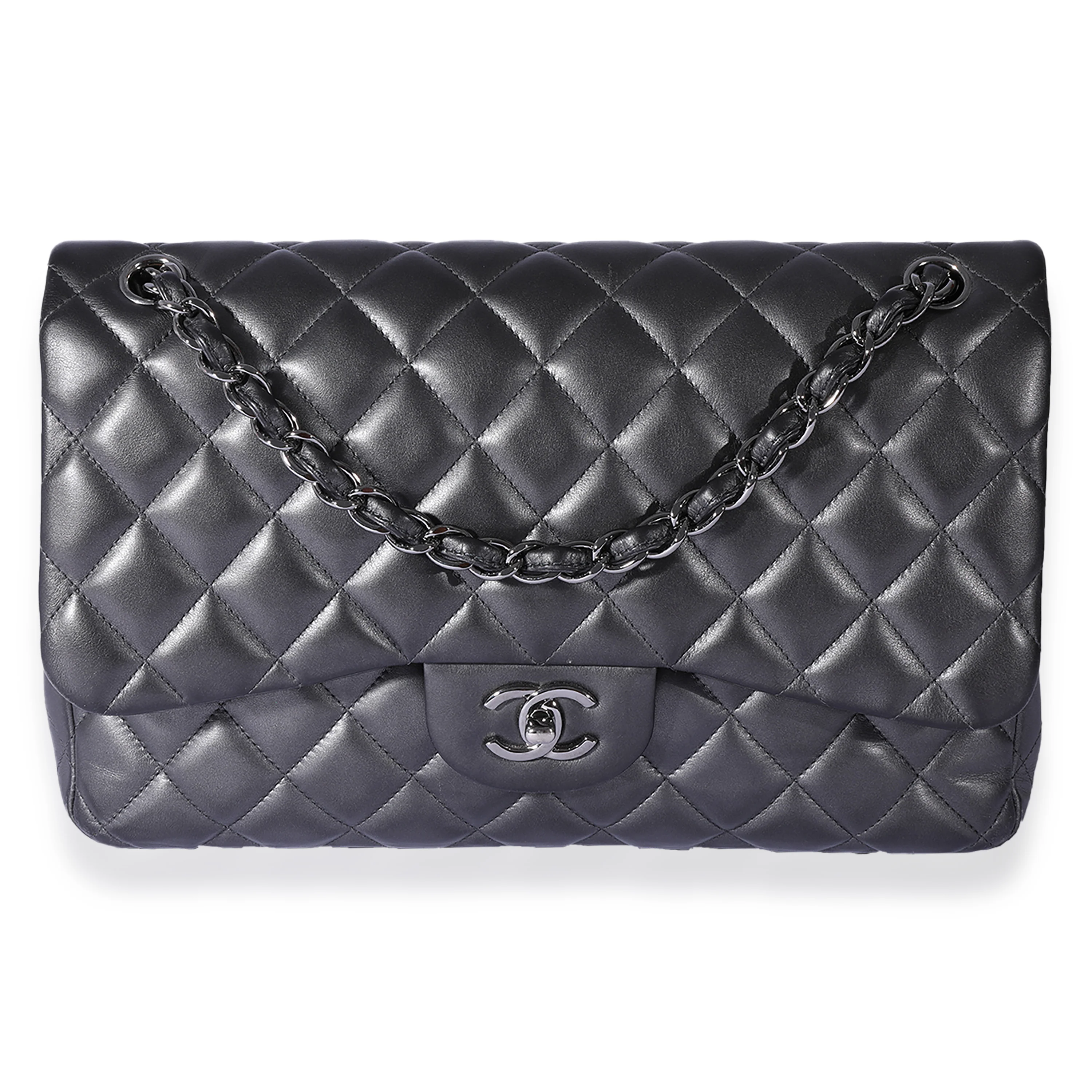 Chanel Metallic Gunmetal Quilted Lambskin Jumbo Double Flap Bag