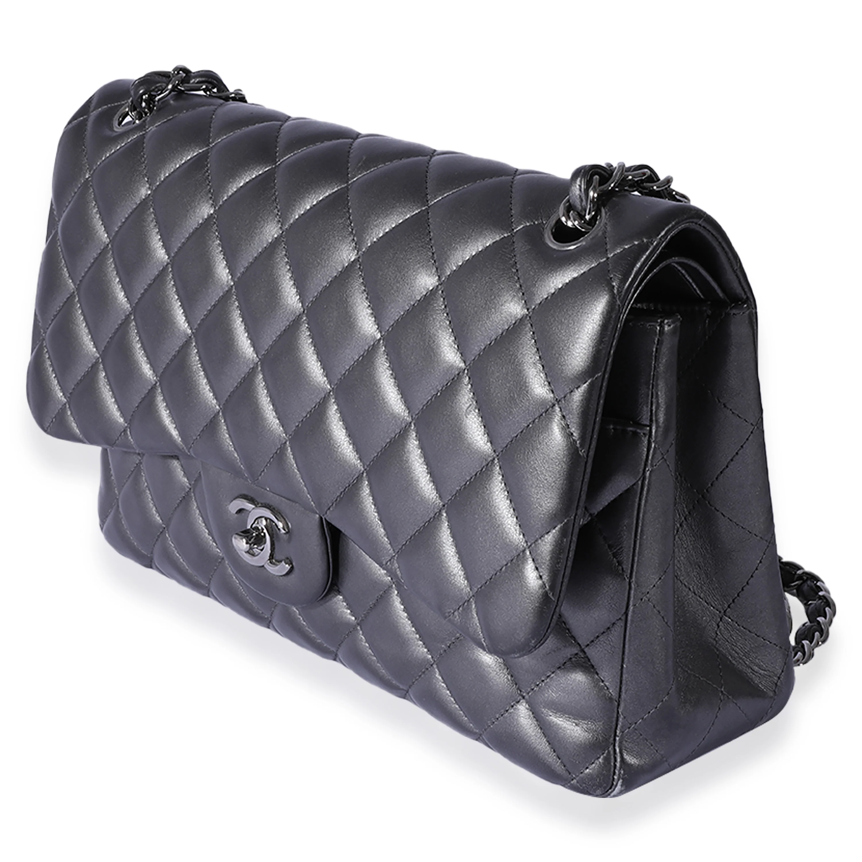 Chanel Metallic Gunmetal Quilted Lambskin Jumbo Double Flap Bag - Image 2