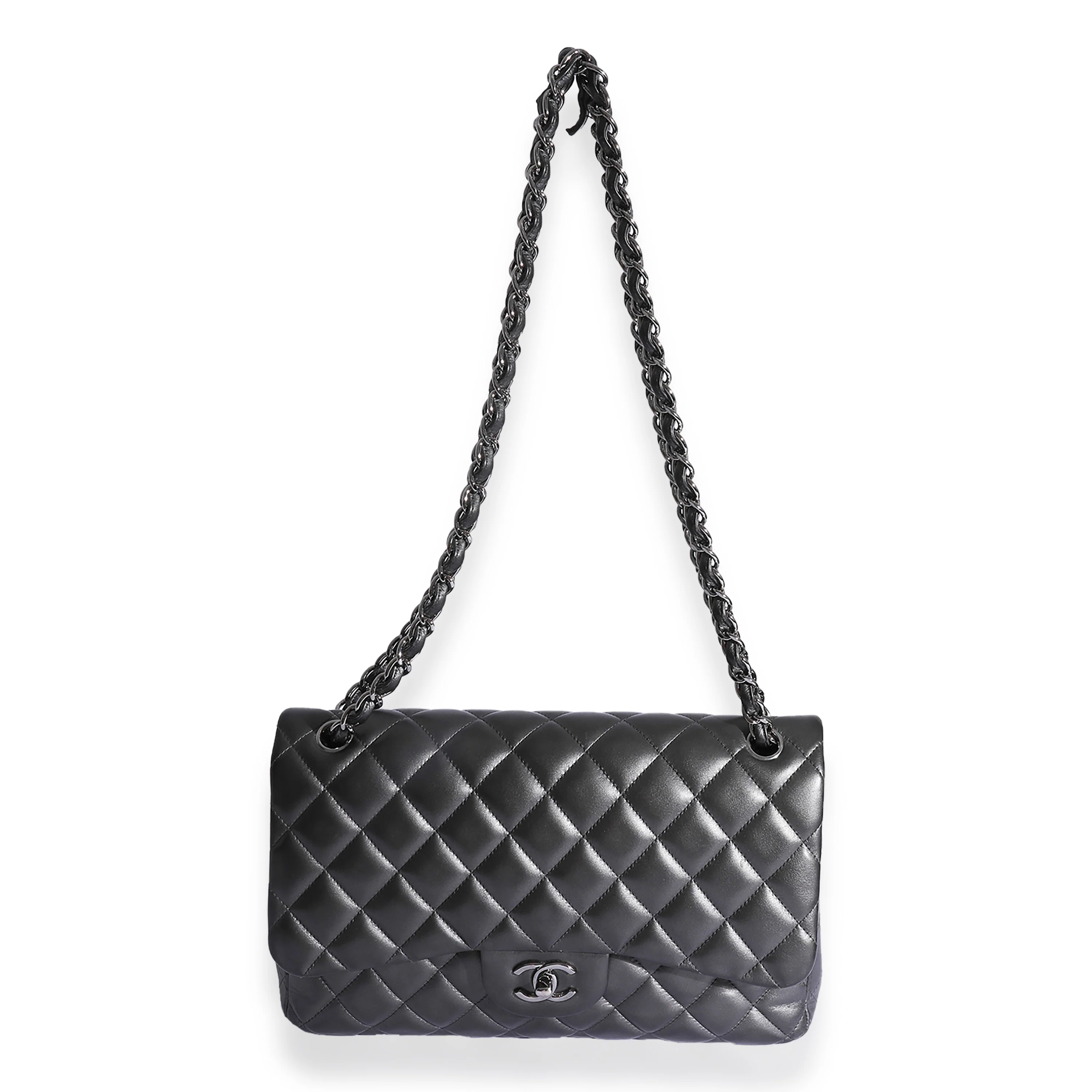 Chanel Metallic Gunmetal Quilted Lambskin Jumbo Double Flap Bag - Image 4