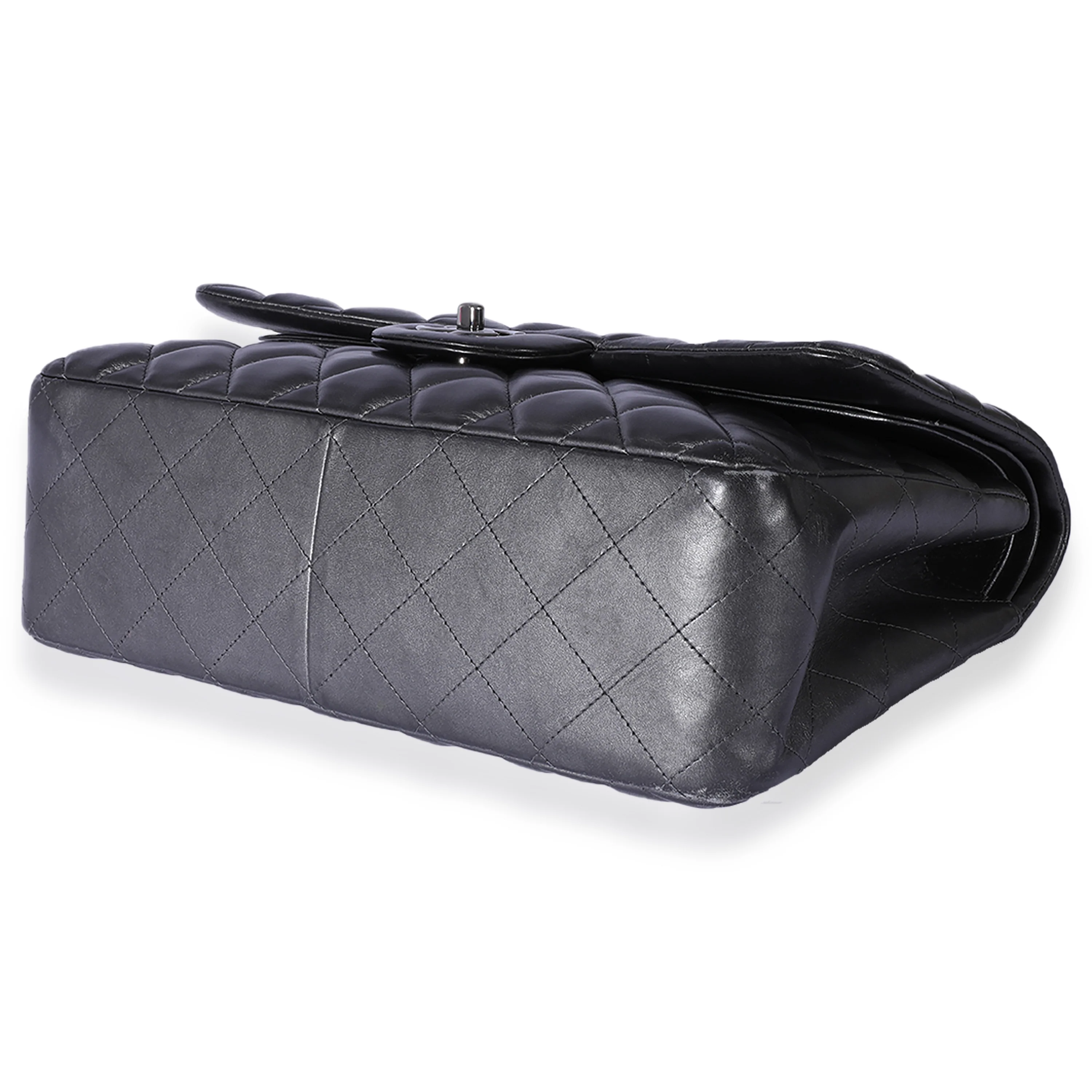 Chanel Metallic Gunmetal Quilted Lambskin Jumbo Double Flap Bag - Image 7