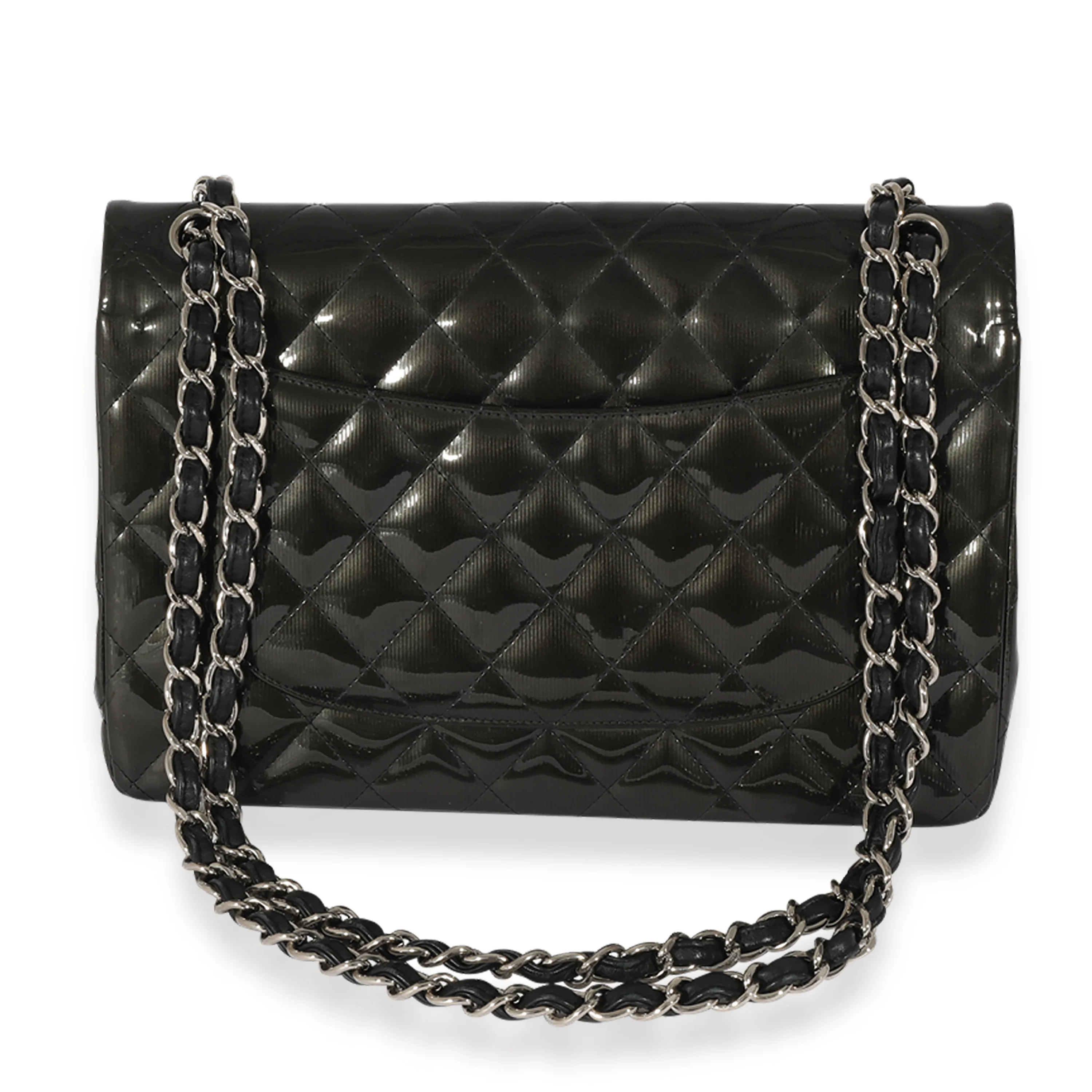 Chanel Grey Quilted Patent Leather Stripe Jumbo Double Flap Bag - Image 3