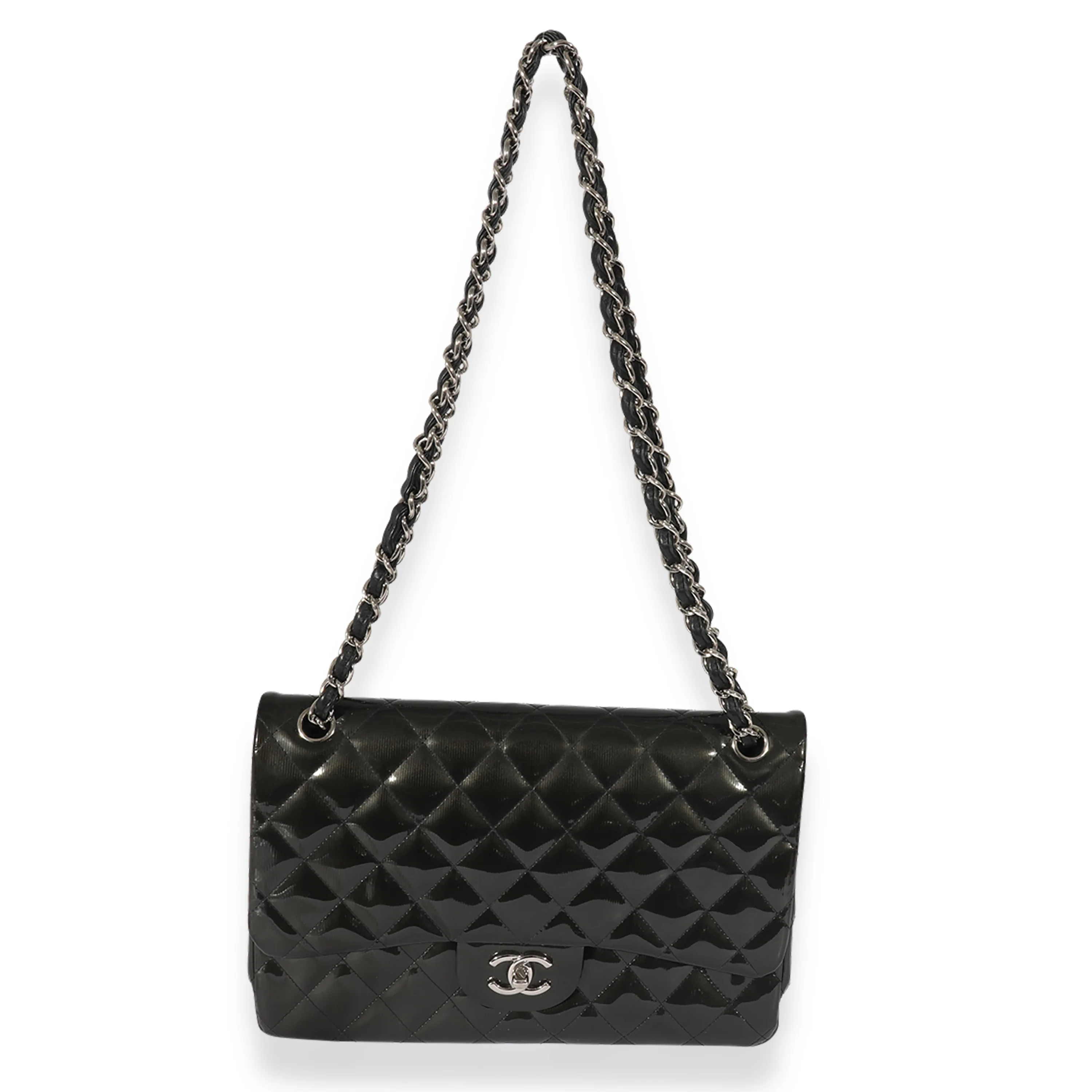Chanel Grey Quilted Patent Leather Stripe Jumbo Double Flap Bag - Image 4