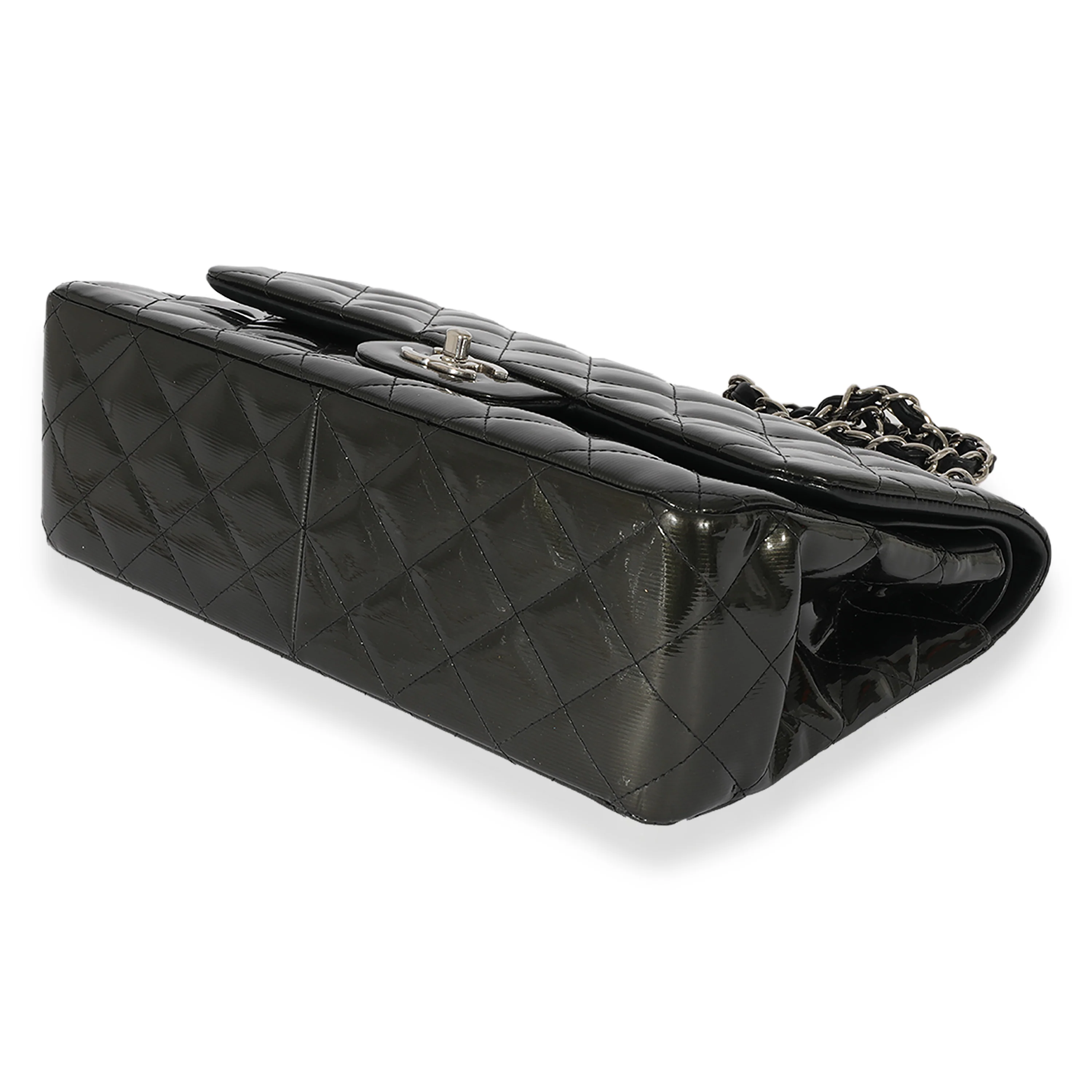 Chanel Grey Quilted Patent Leather Stripe Jumbo Double Flap Bag - Image 7