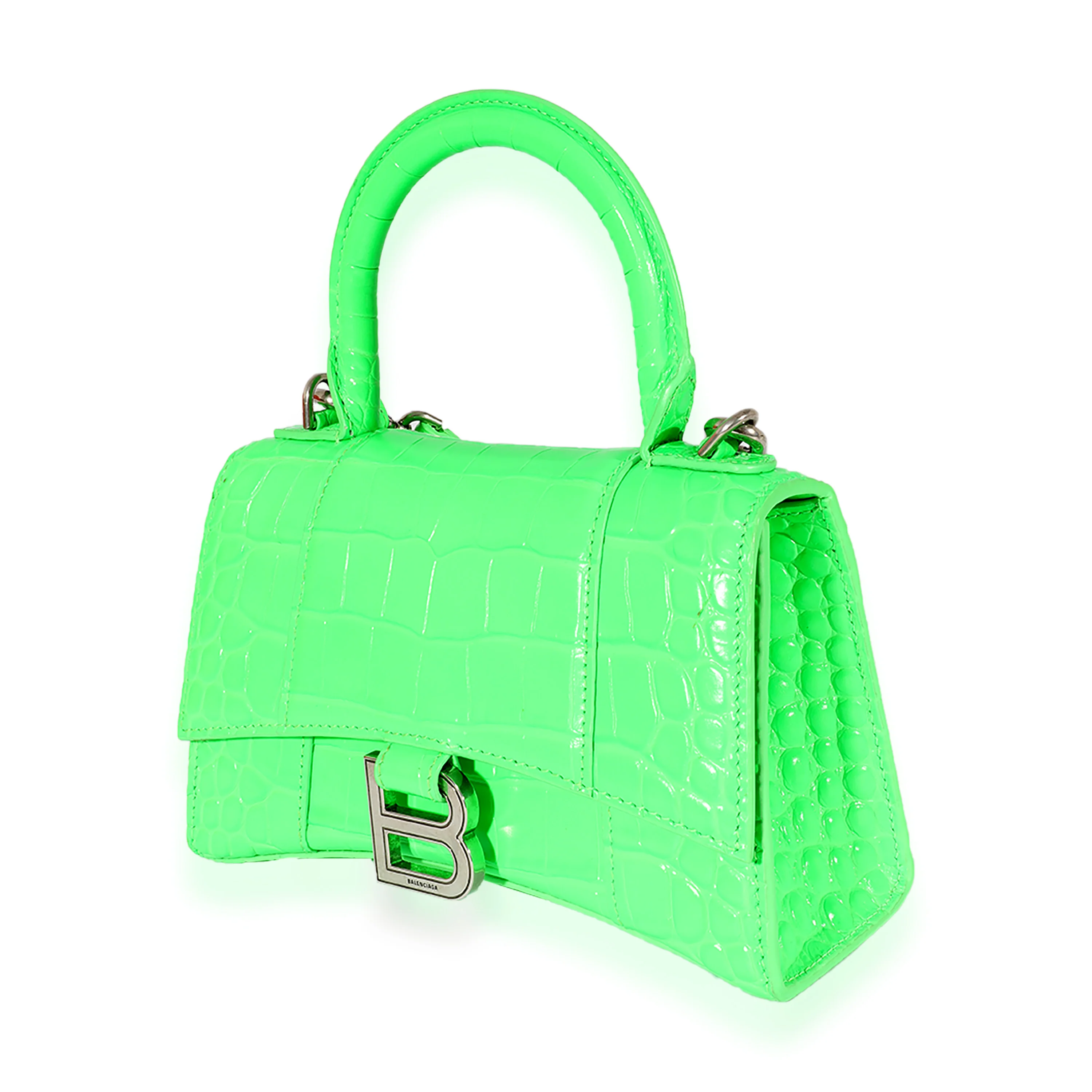 Fluo Green Shiny Calfskin Crocodile Embossed XS Hourglass Top Handle - Image 2