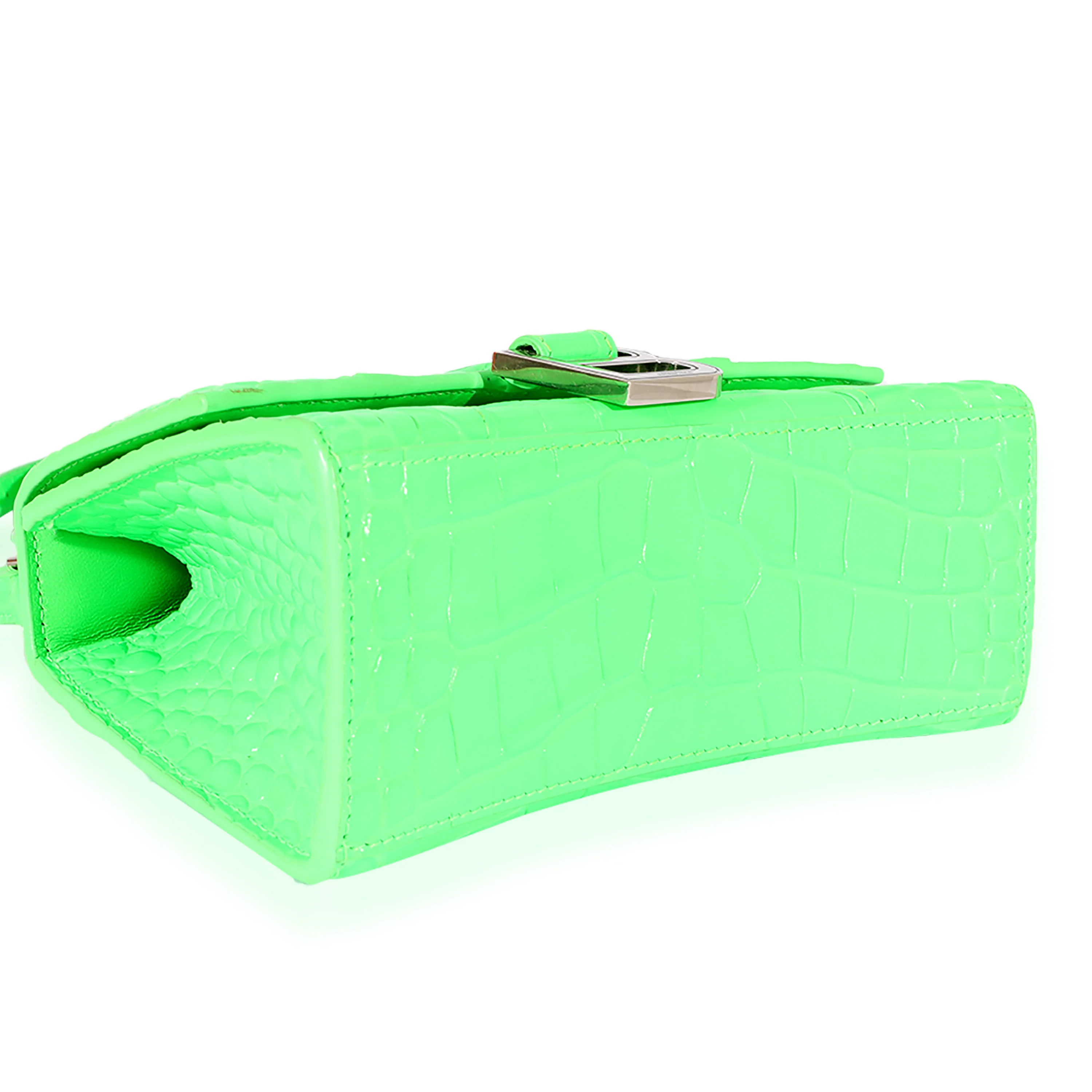 Fluo Green Shiny Calfskin Crocodile Embossed XS Hourglass Top Handle - Image 3
