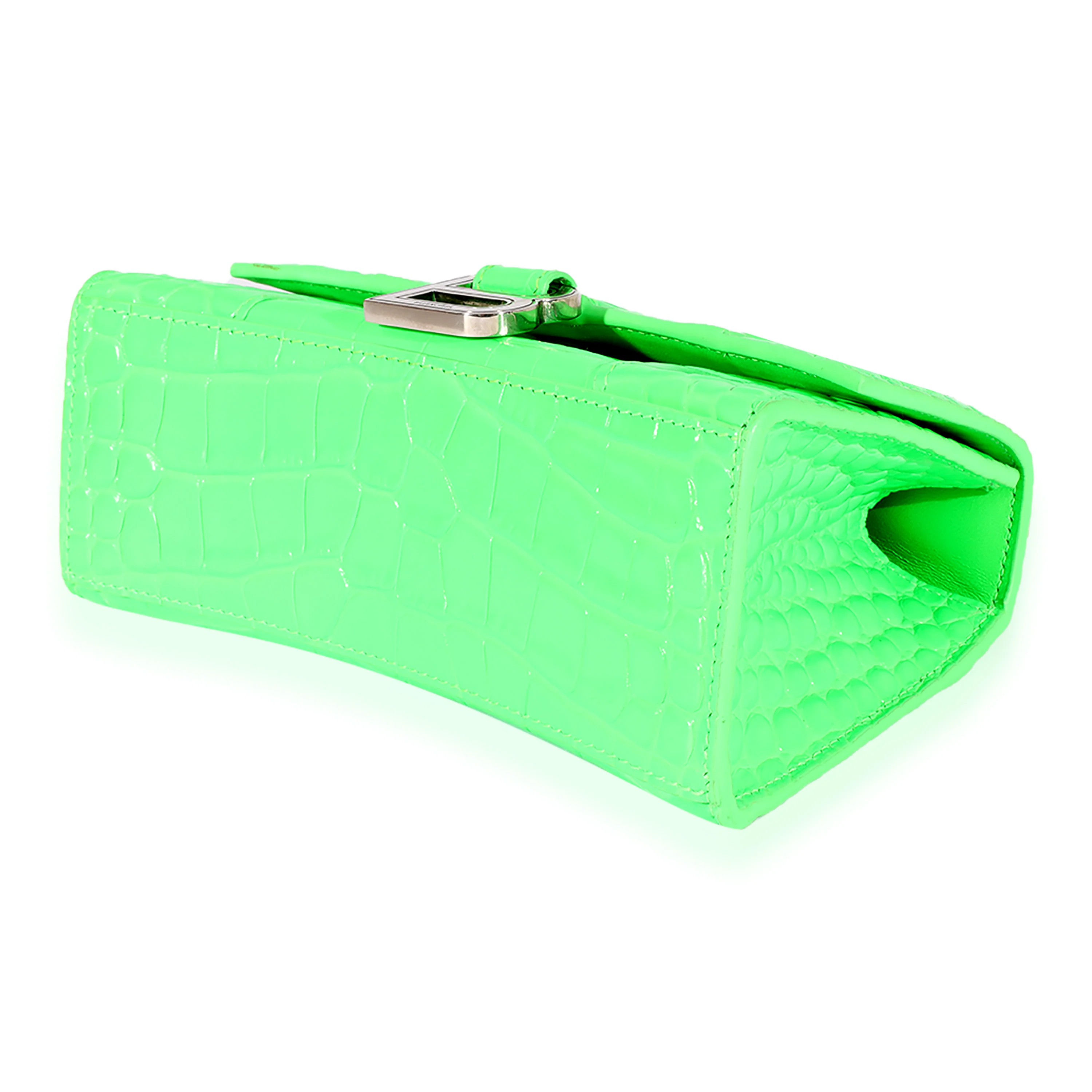 Fluo Green Shiny Calfskin Crocodile Embossed XS Hourglass Top Handle - Image 6