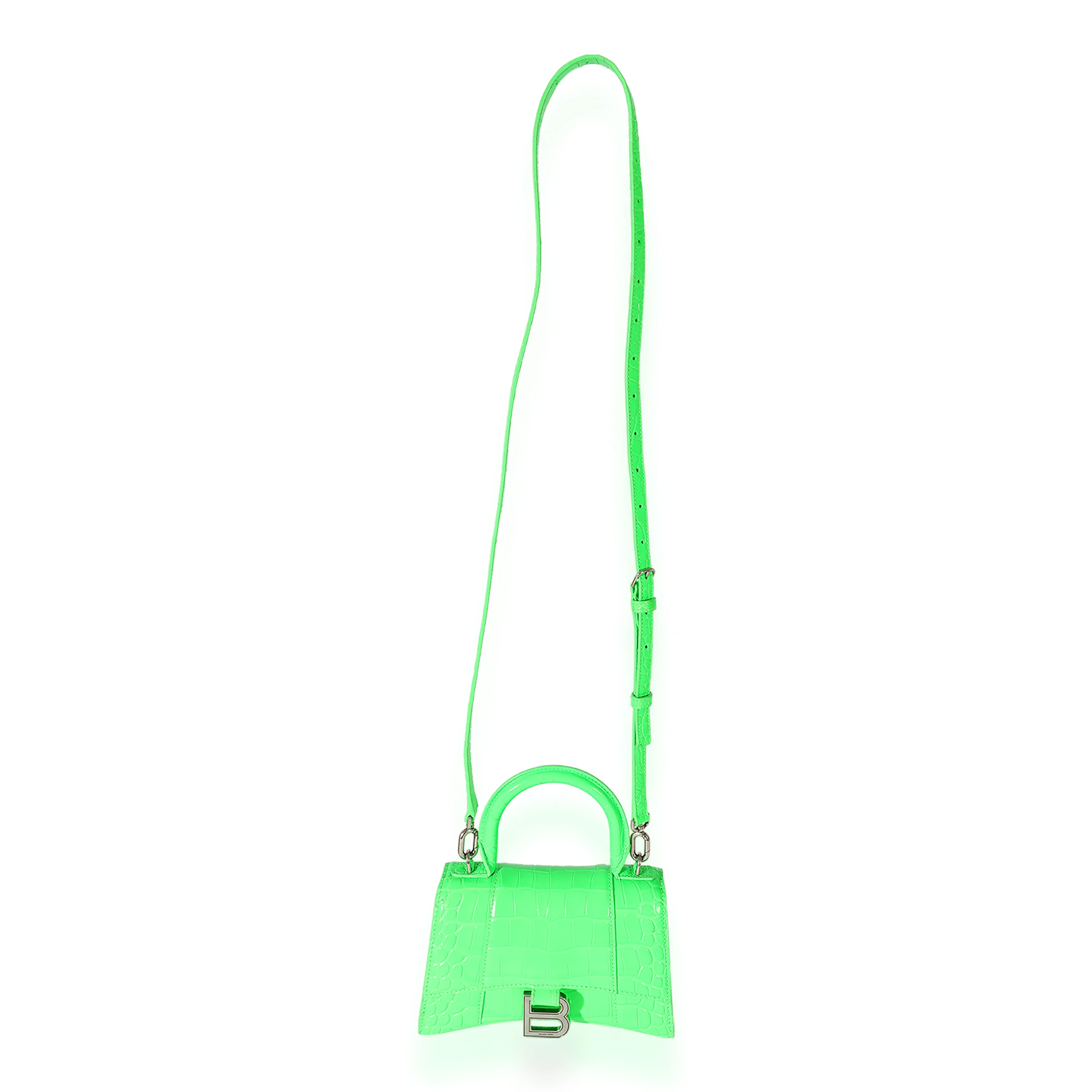 Fluo Green Shiny Calfskin Crocodile Embossed XS Hourglass Top Handle - Image 8