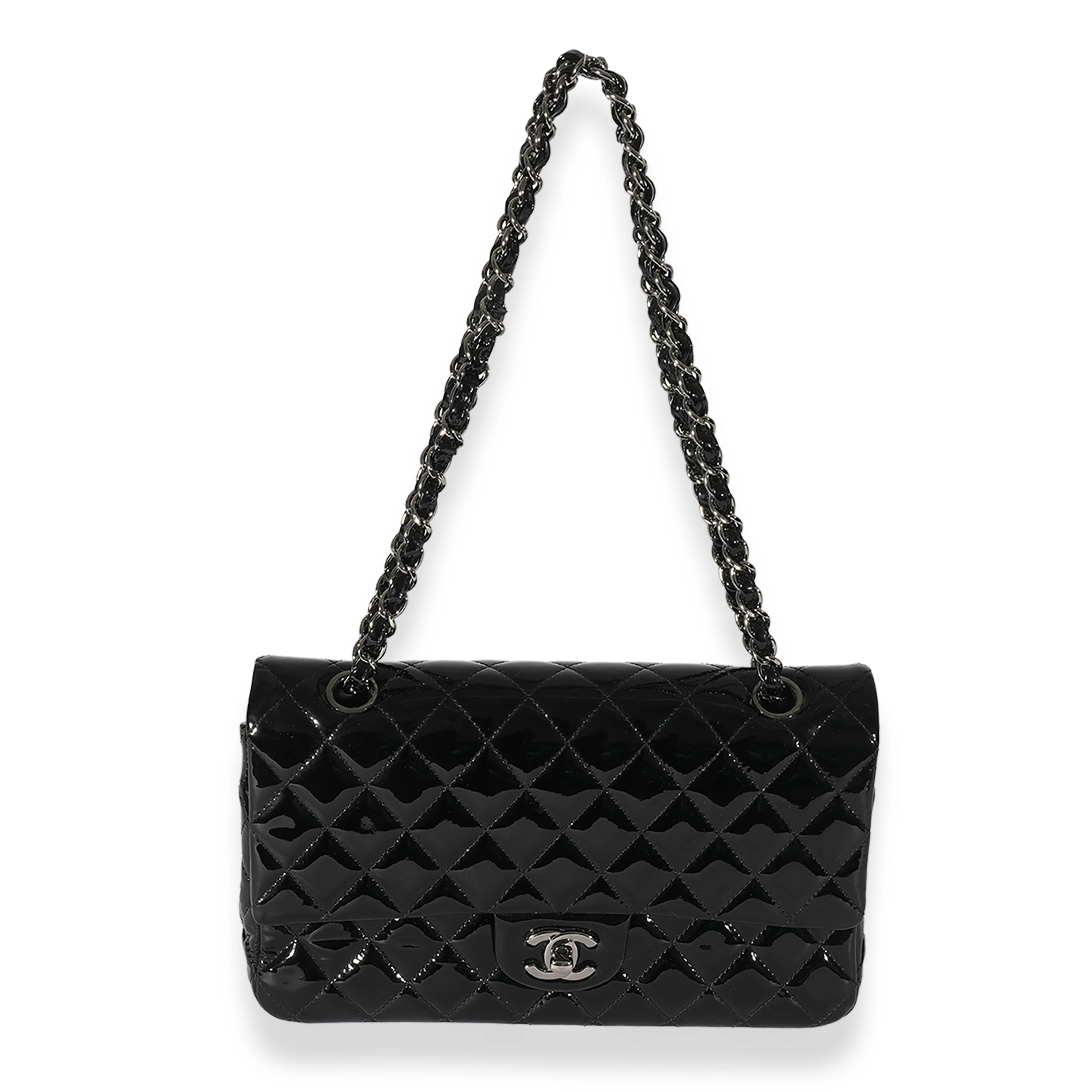 Chanel Black Quilted Patent Leather Medium Classic Double Flap Bag - Image 4