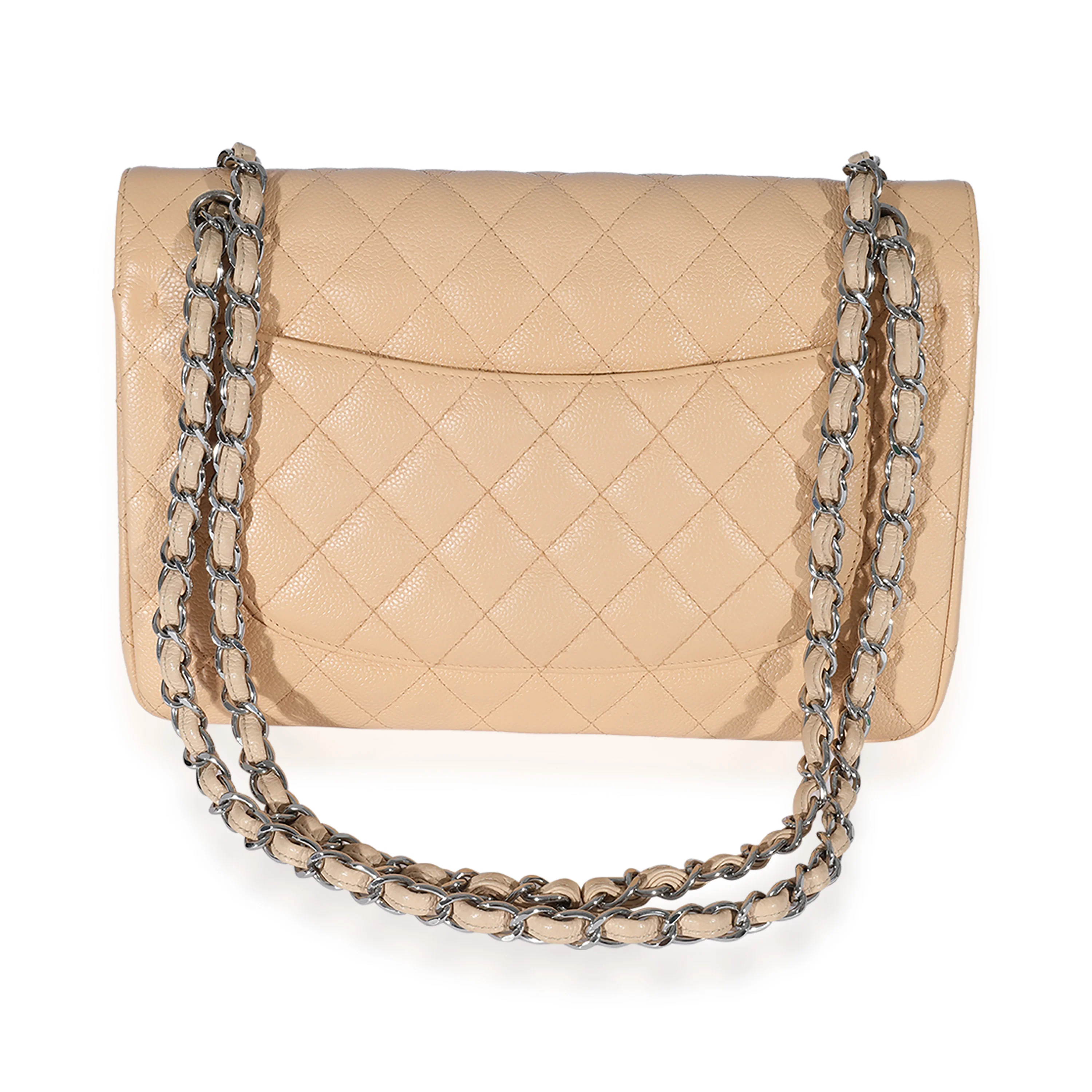 Beige Quilted Caviar Jumbo Classic Double Flap Bag - Image 3