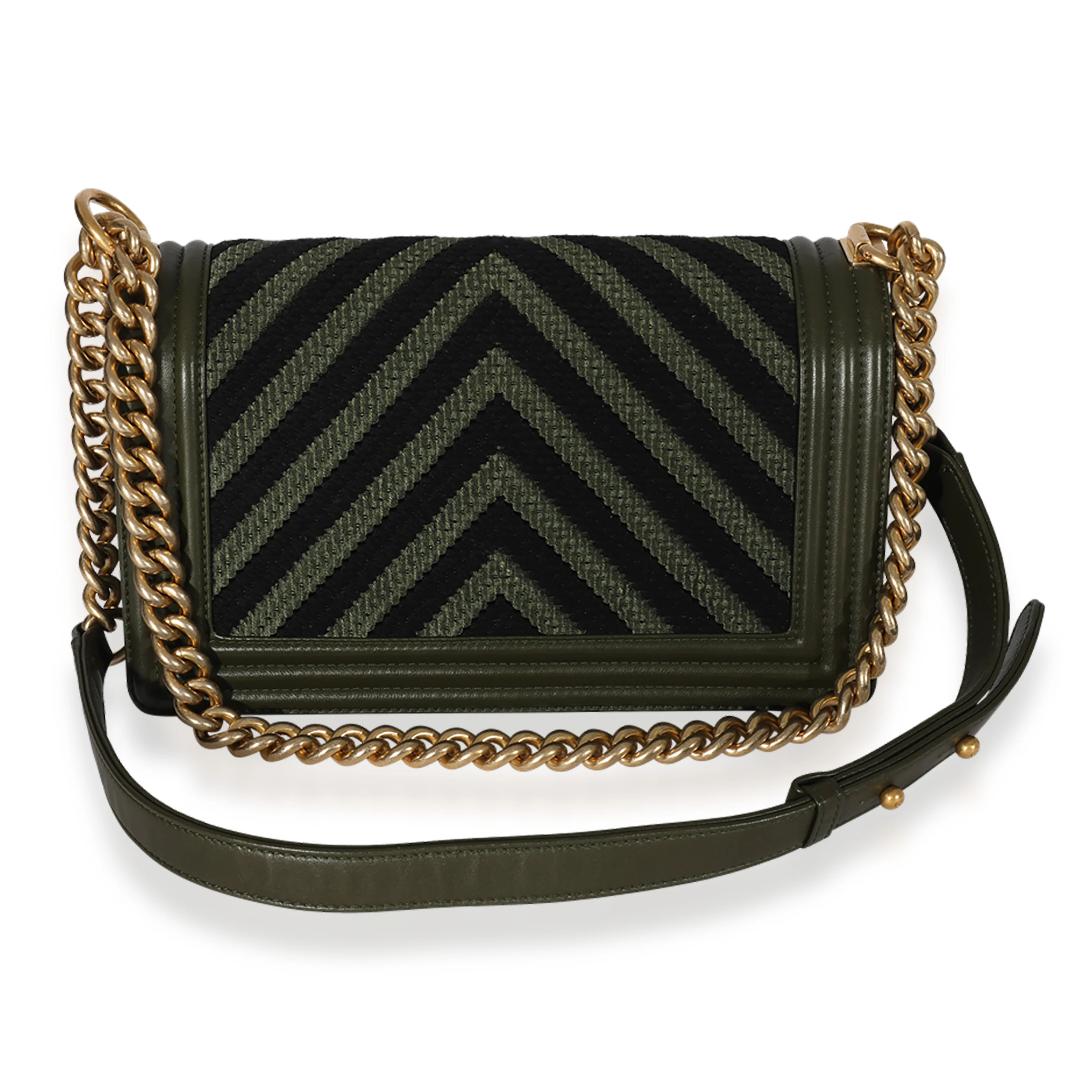 Khaki and Black Lambskin Braided Chevron Medium Boy Bag - Image 3