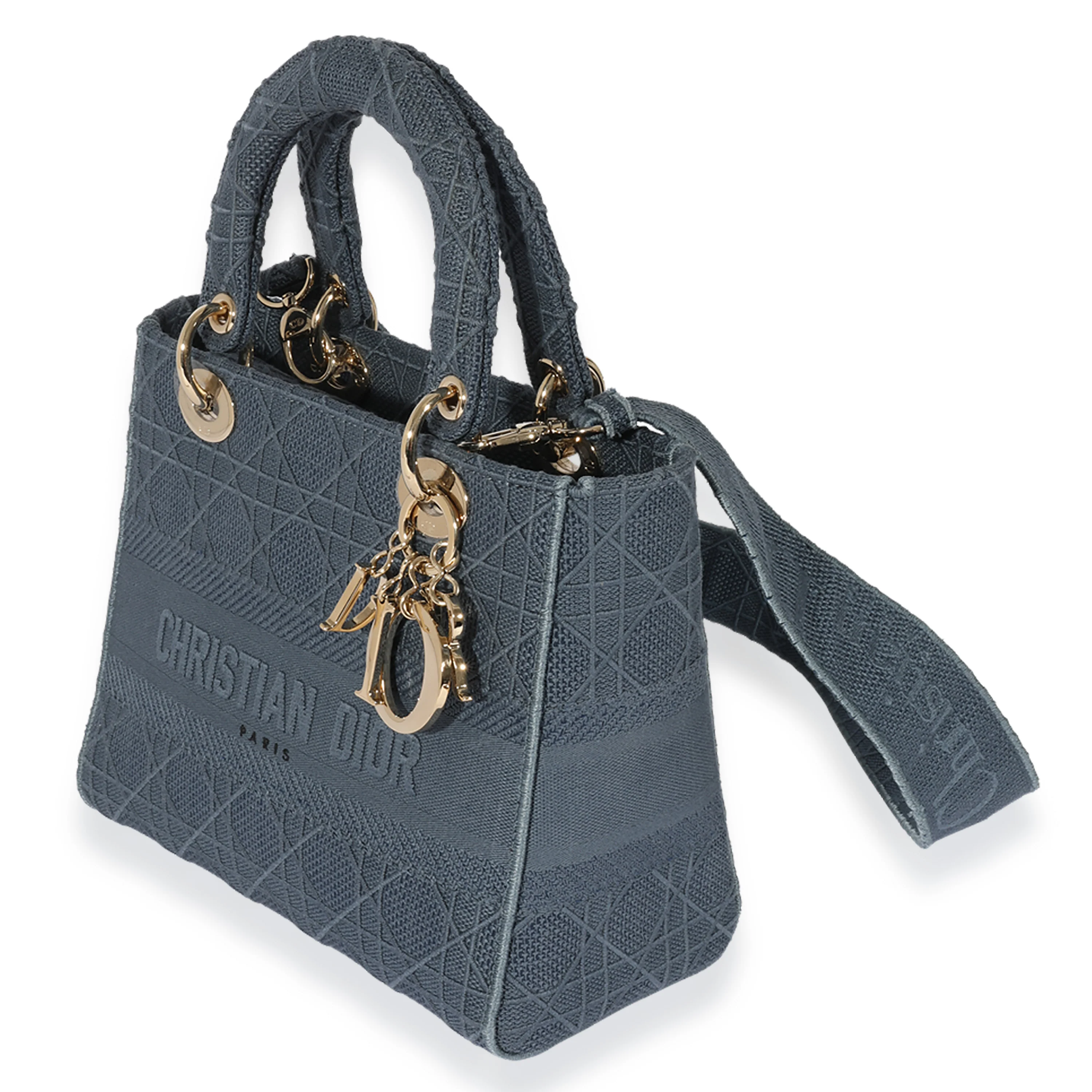 Dior Blue Canvas Embroidered Cannage Medium Lady D-Lite Bag - Image 2