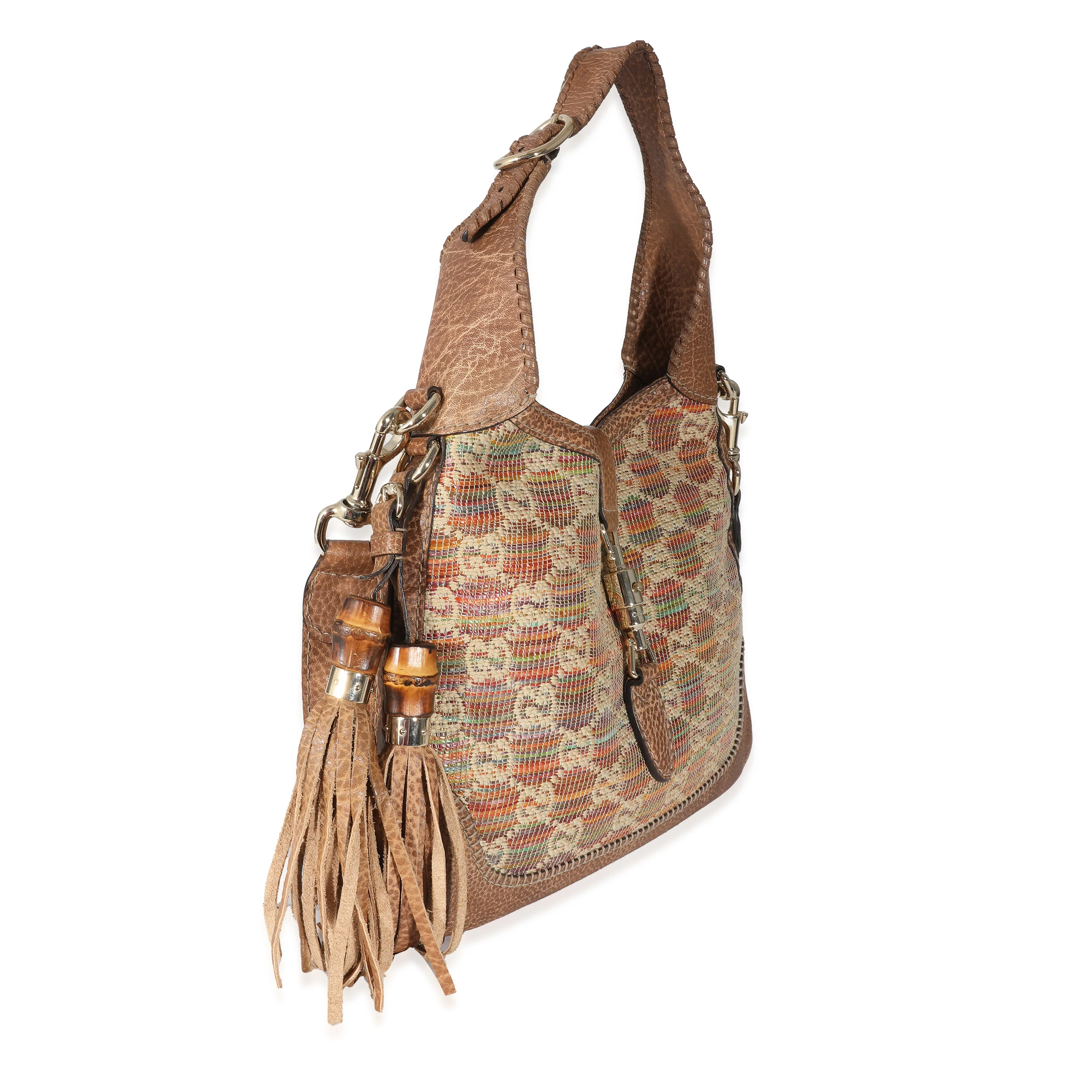 Gucci Brown Leather Multicolour Raffia Guccissima Medium New Jackie - Image 3