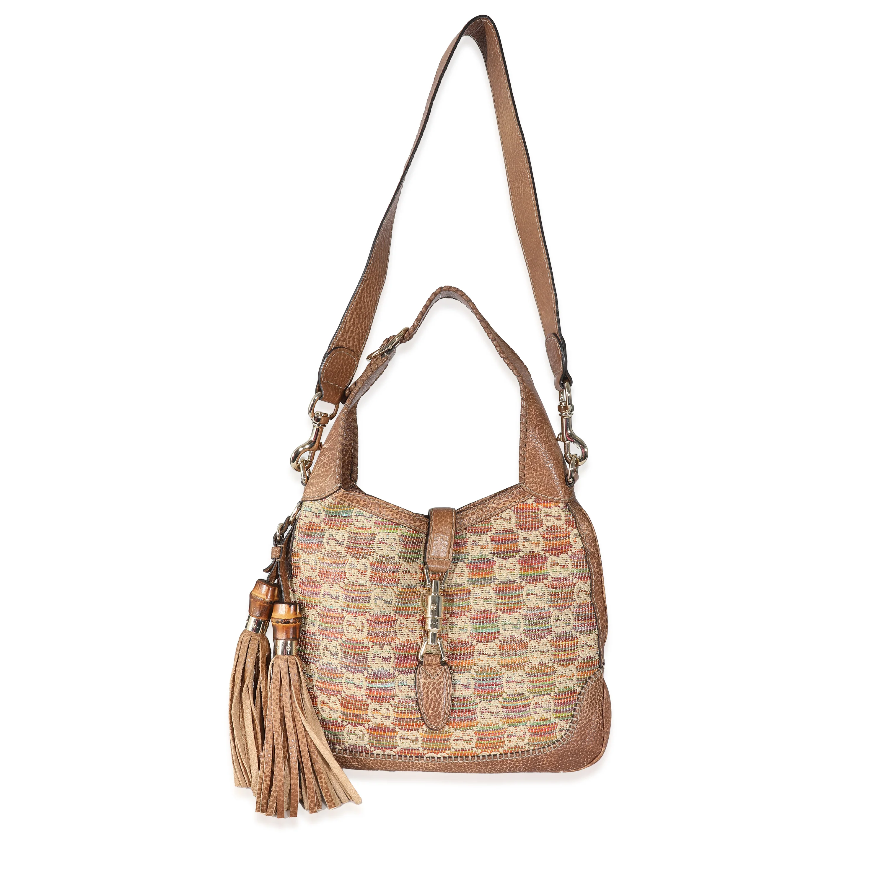 Gucci Brown Leather Multicolour Raffia Guccissima Medium New Jackie - Image 7