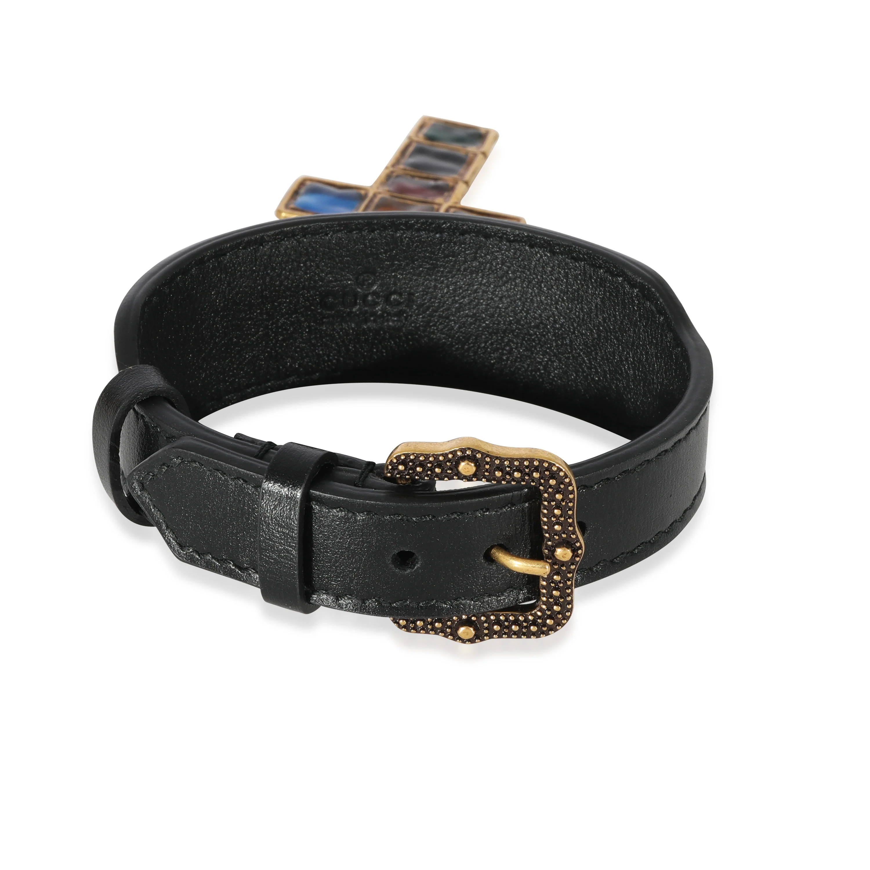 Leather Lion Head & Jewel Toned Cross Gold-Tone Bracelet - Image 2