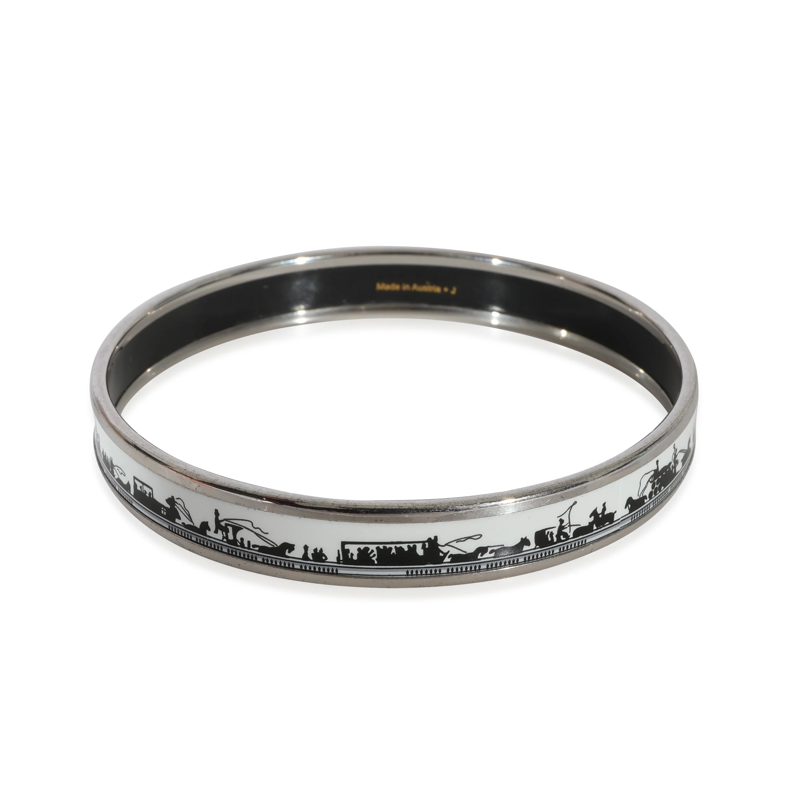 Hermes Palladium Plated Narrow White Enamel Bangle With Horse & Carriage (67MM) - Image 3