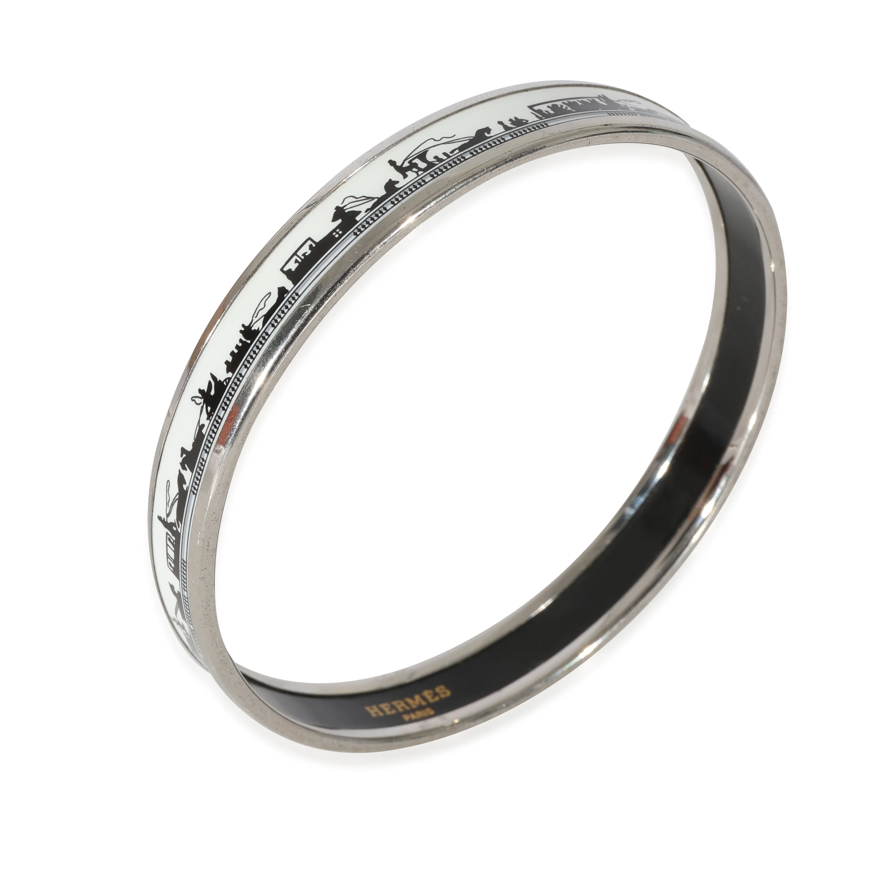 Hermes Palladium Plated Narrow White Enamel Bangle With Horse & Carriage (67MM) - Image 4