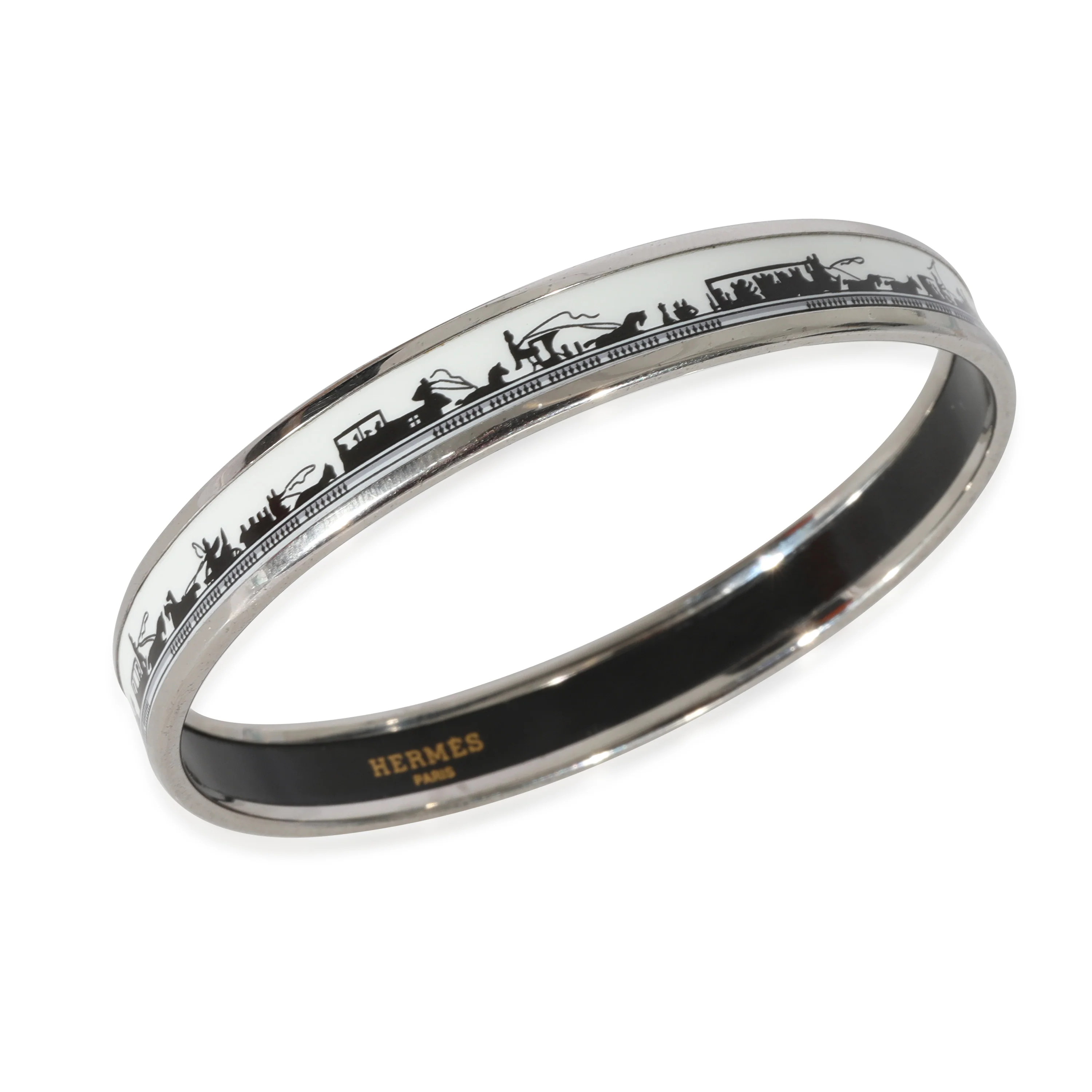 Hermes Palladium Plated Narrow White Enamel Bangle With Horse & Carriage (67MM) - Image 5