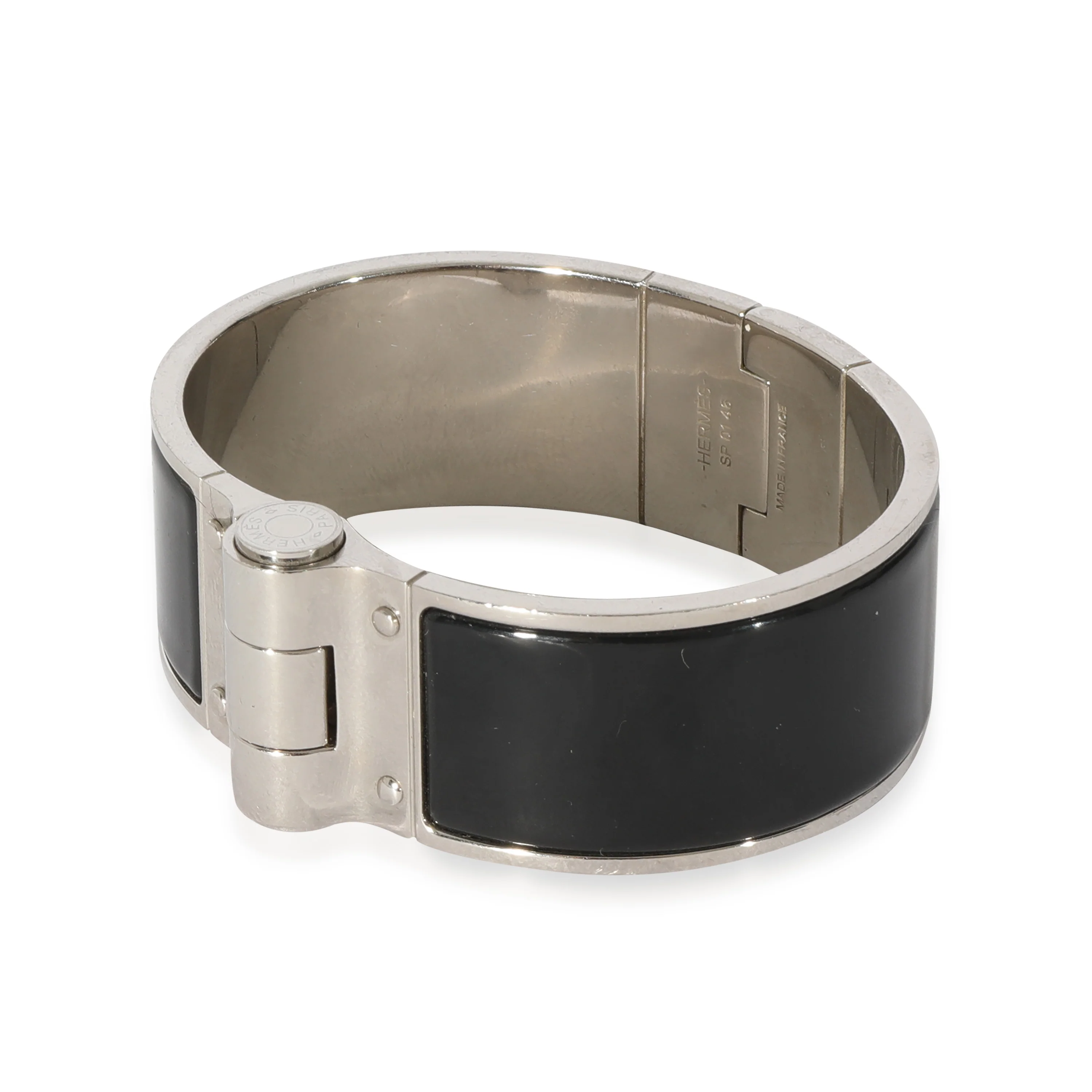 Black Enamel Silver Charniere Uni Wide Hinged Bangle - Image 2