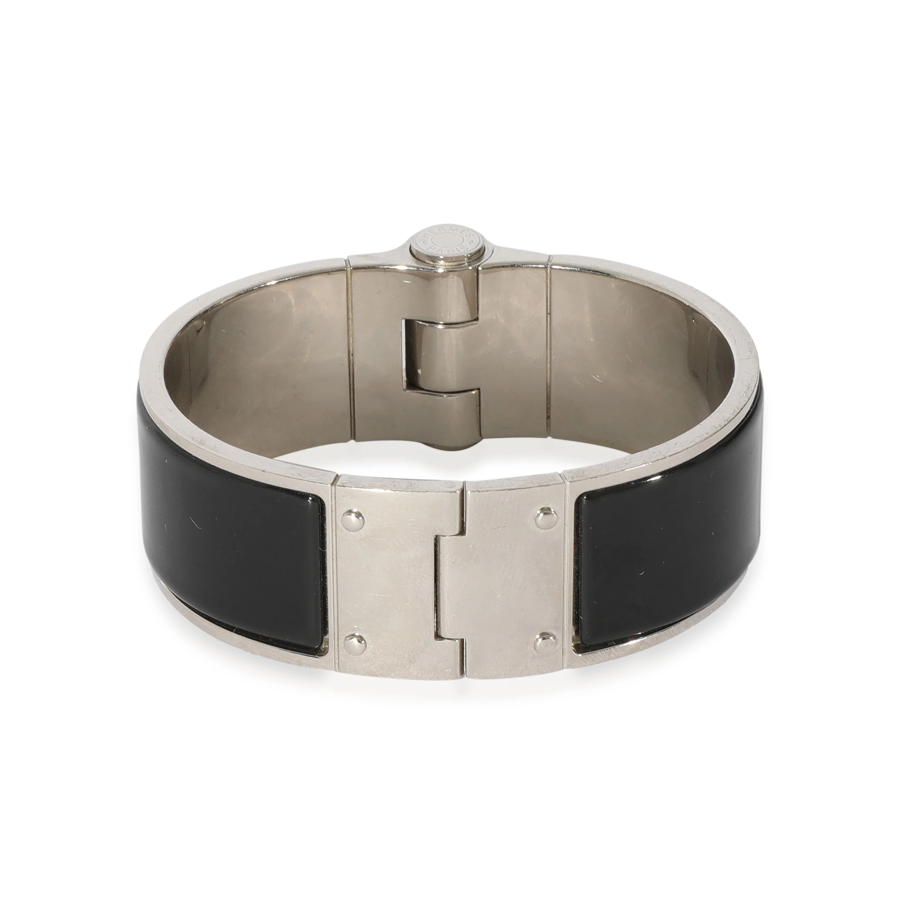 Black Enamel Silver Charniere Uni Wide Hinged Bangle - Image 3