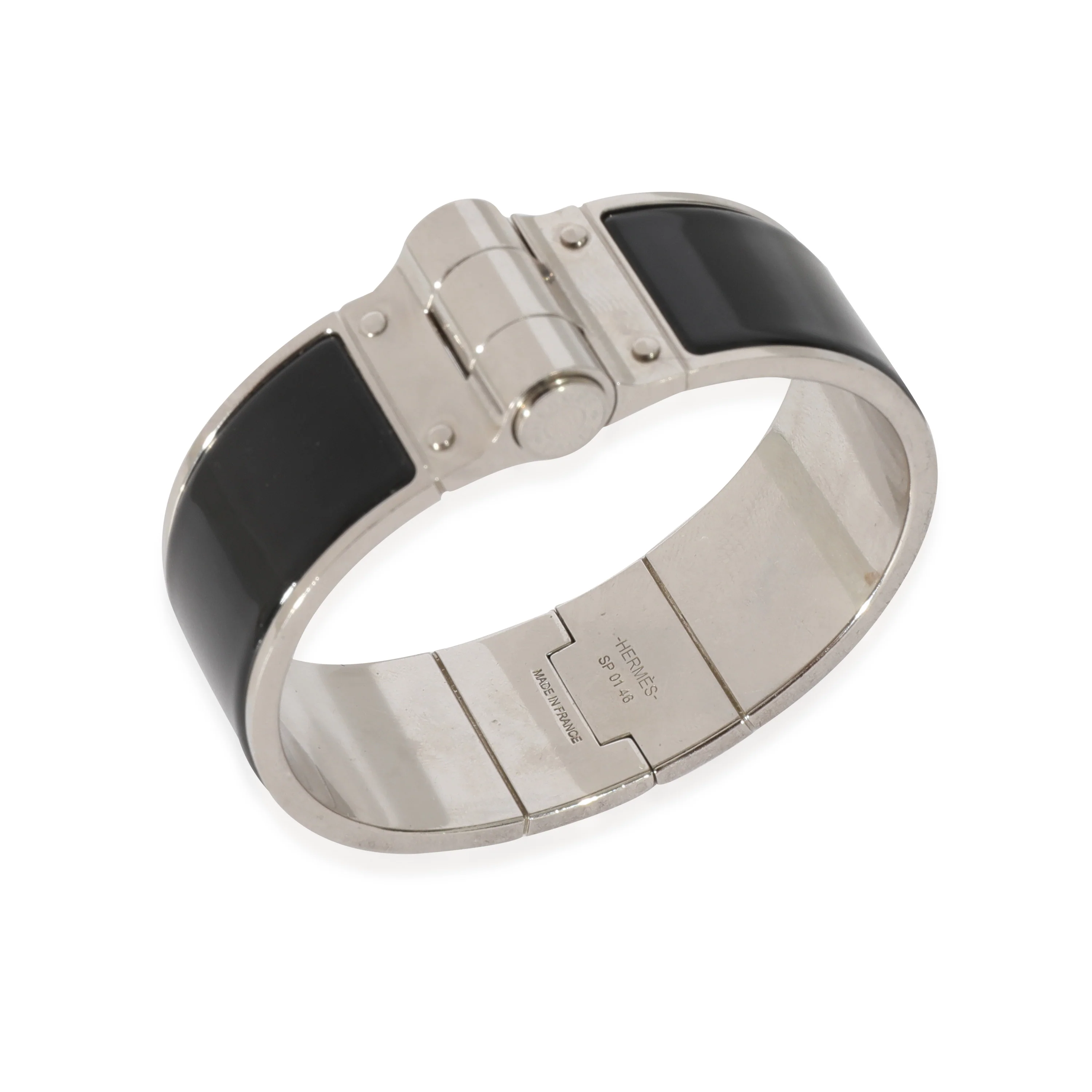 Black Enamel Silver Charniere Uni Wide Hinged Bangle - Image 4
