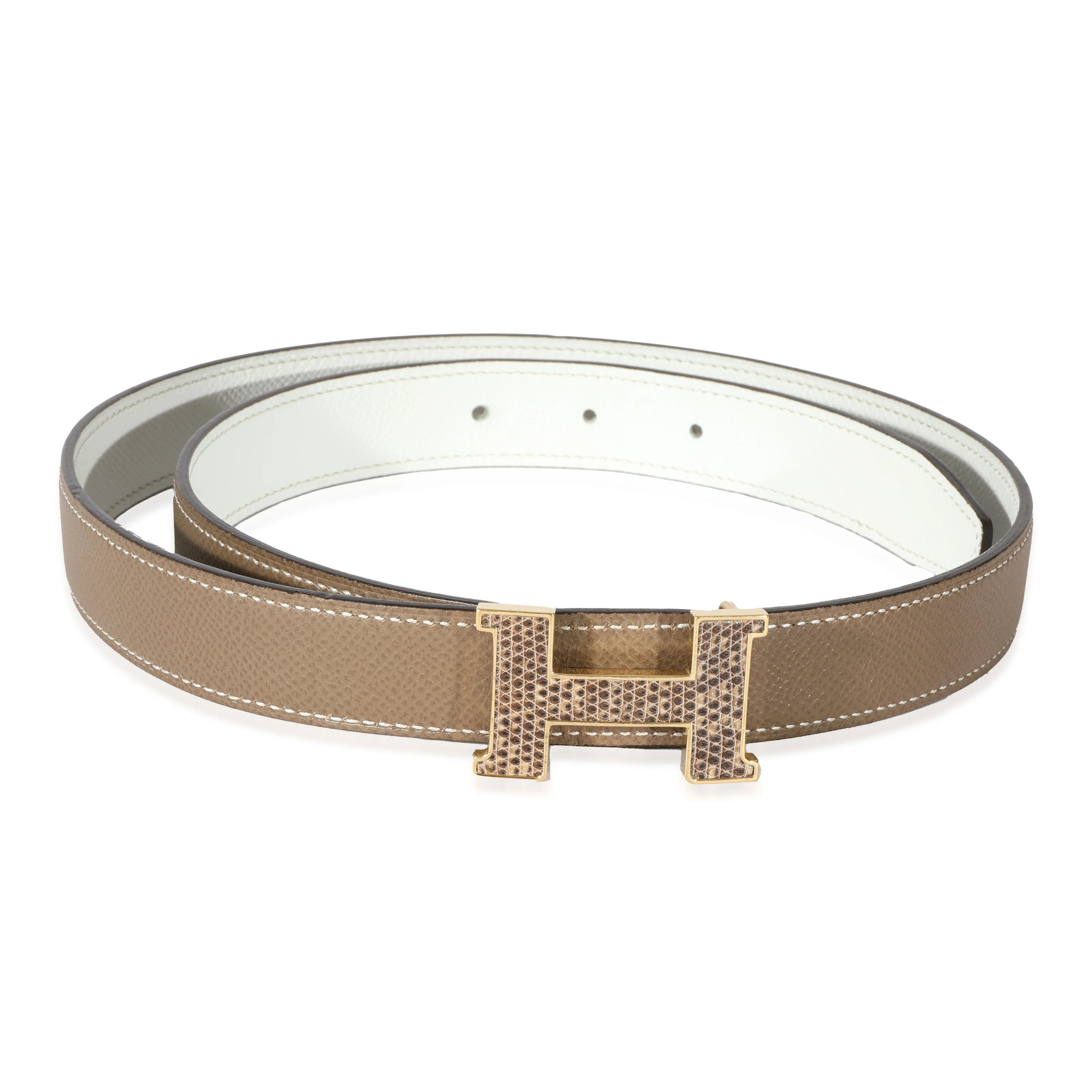 Hermes White Etoupe Epsom Lizard Mini Constance 24mm Reversible Belt