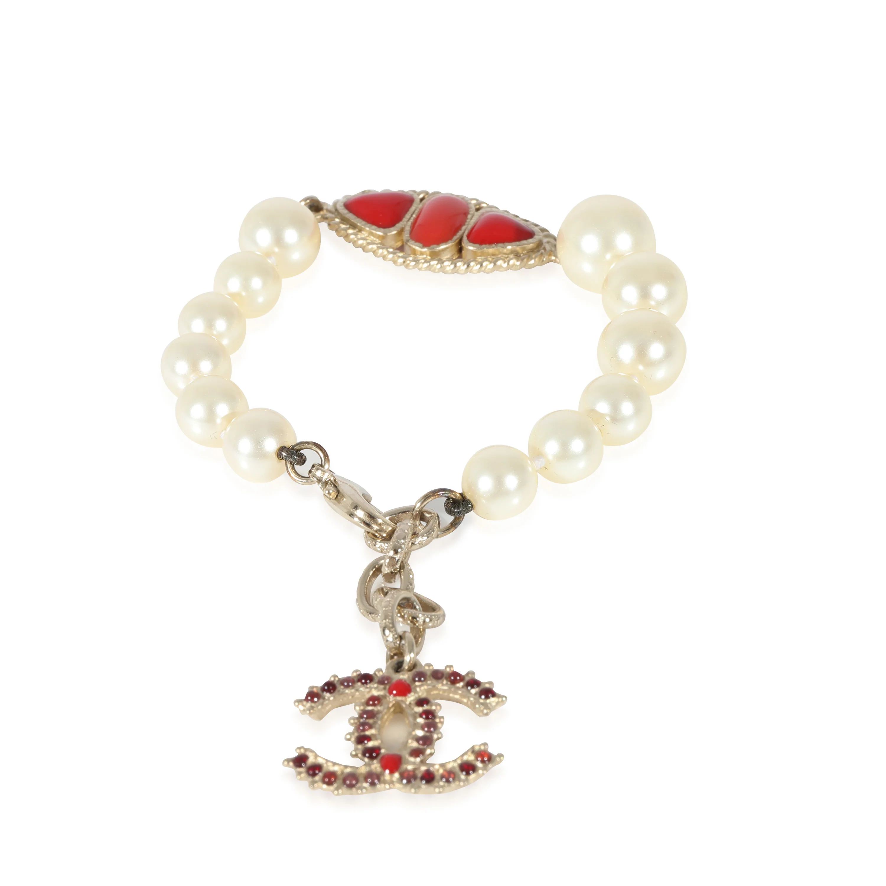 Faux Pearl & Red Gripoix CC Bracelet - Image 2