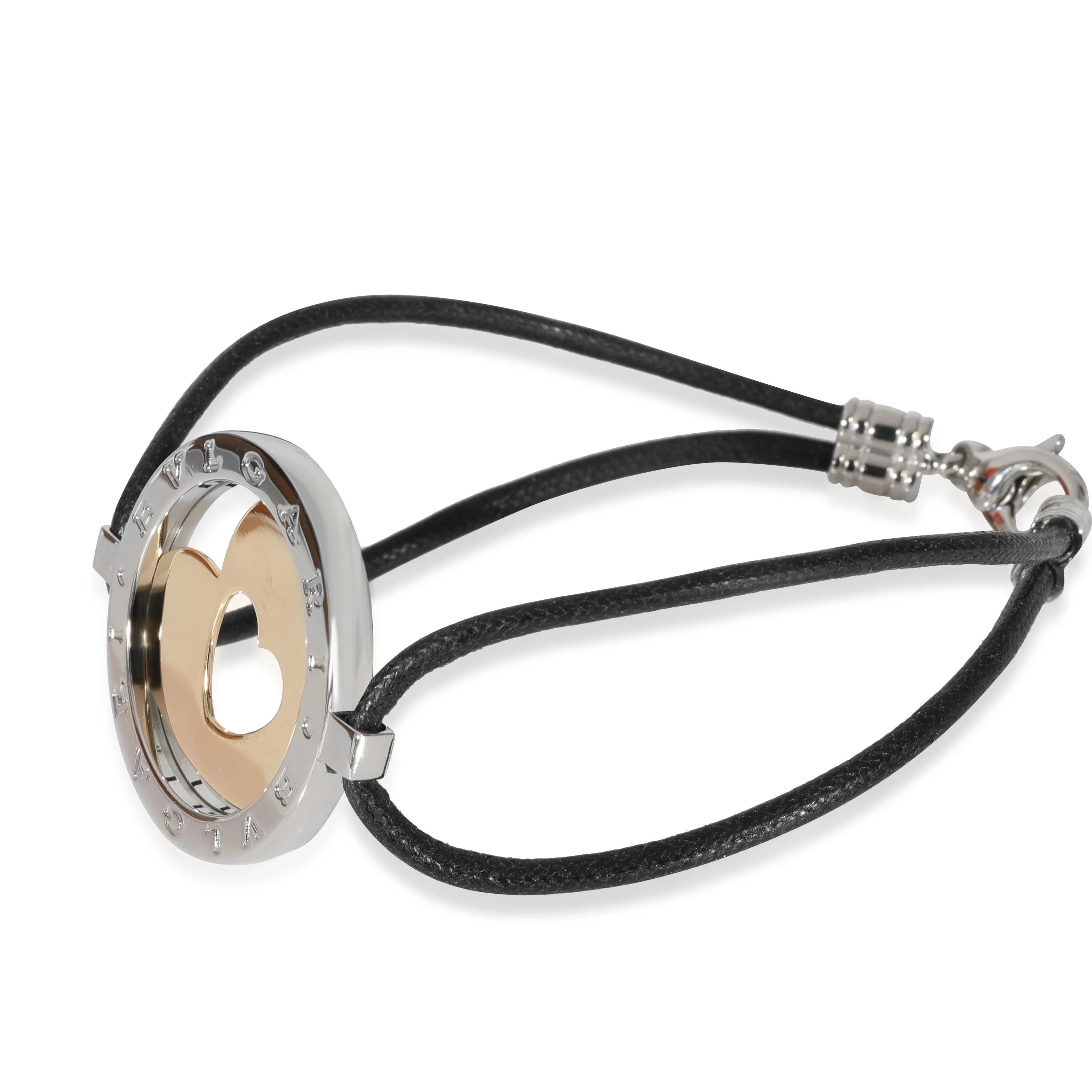 BVLGARI Tondo Heart Bracelet on Black Silk Cord in 18k Yellow Gold/Steel - Image 2
