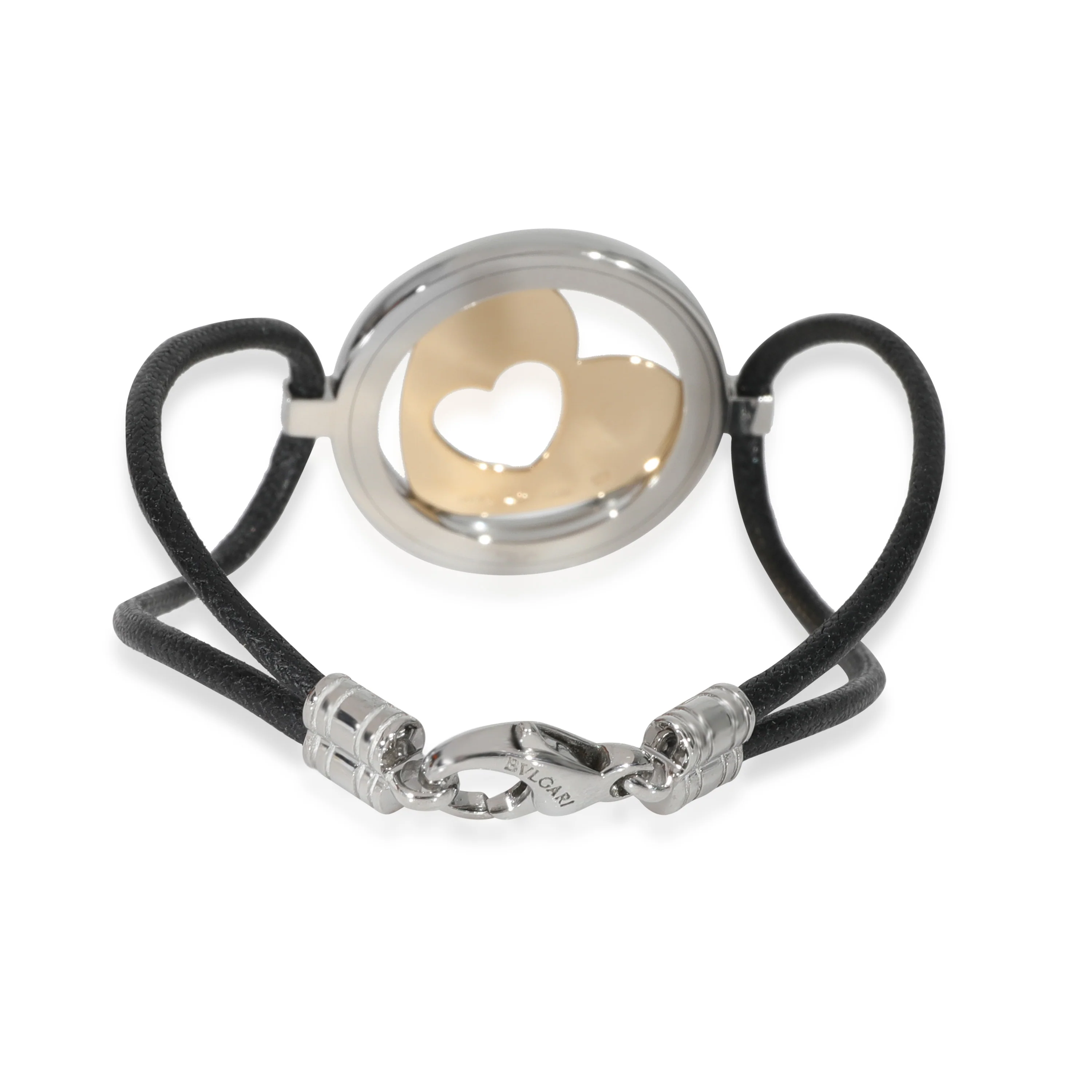 BVLGARI Tondo Heart Bracelet on Black Silk Cord in 18k Yellow Gold/Steel - Image 3