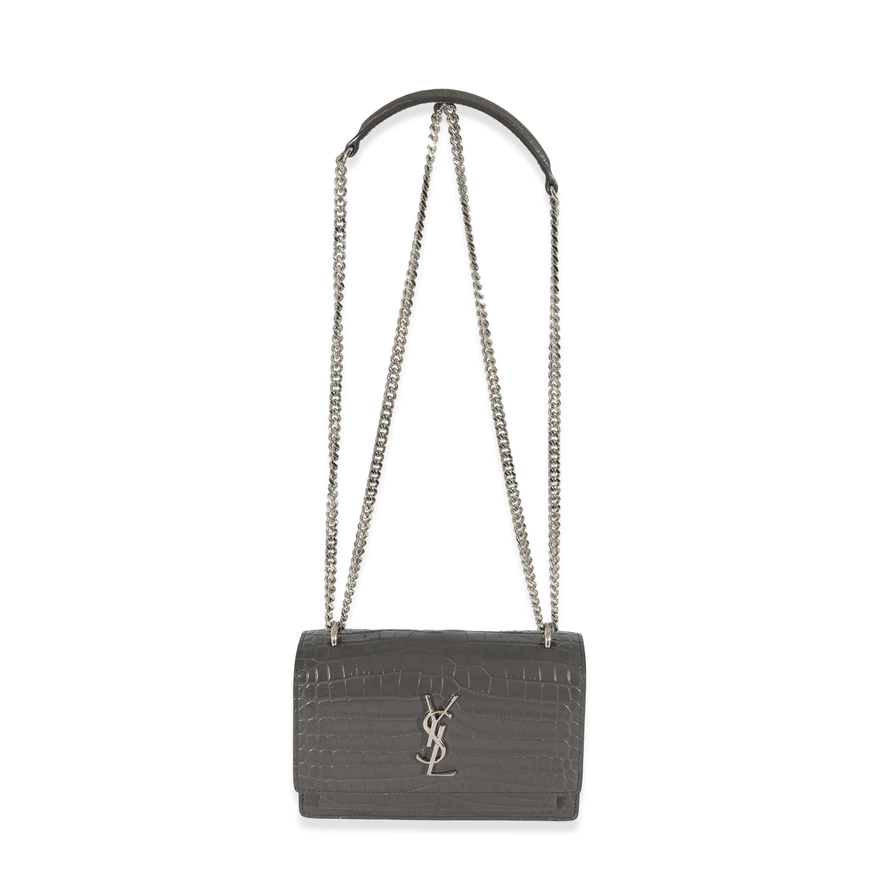 Saint Laurent Grey Croc Embossed Leather Mini Sunset Chain Bag - Image 4