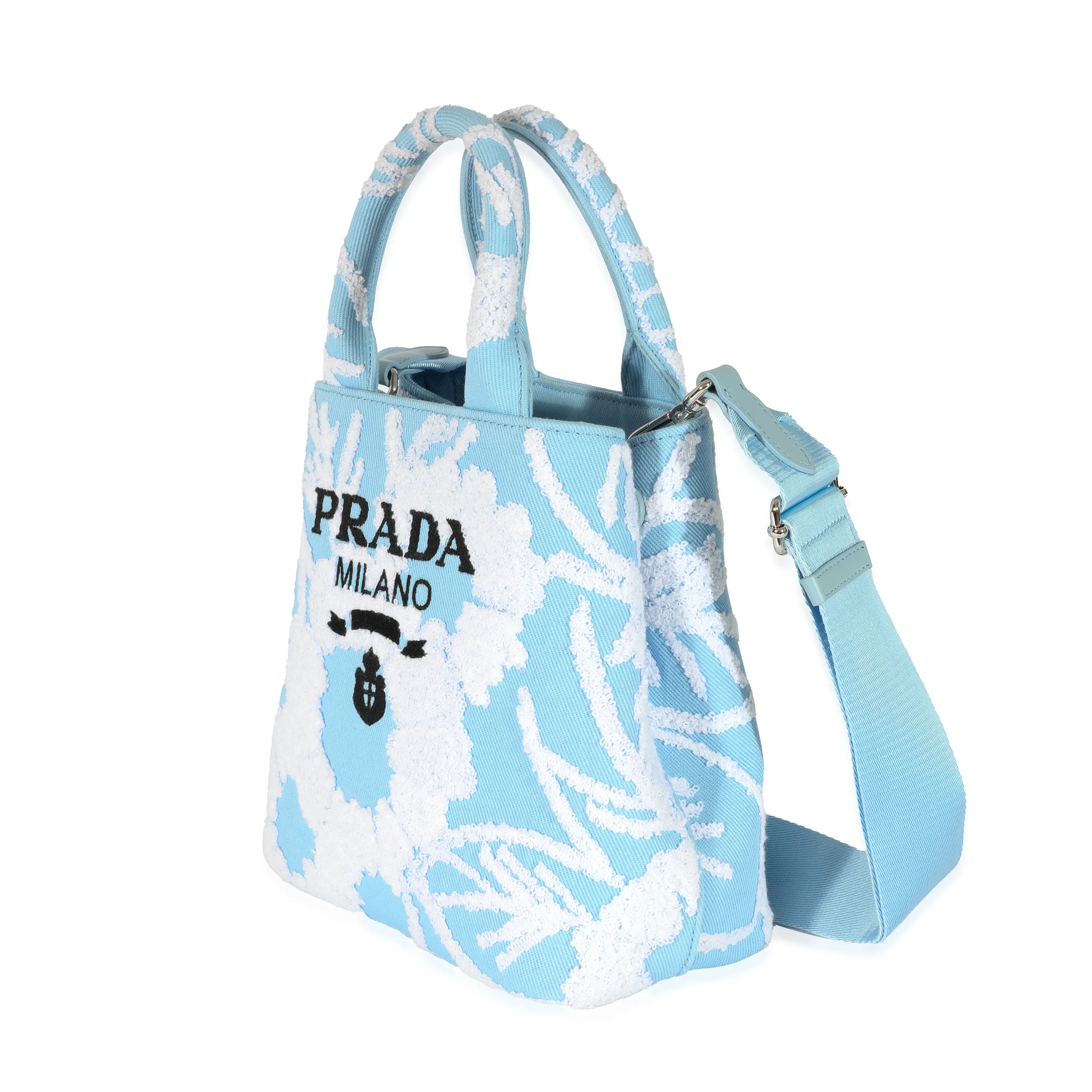 Prada Blue White Embroidered Drill Top Handle - Image 2