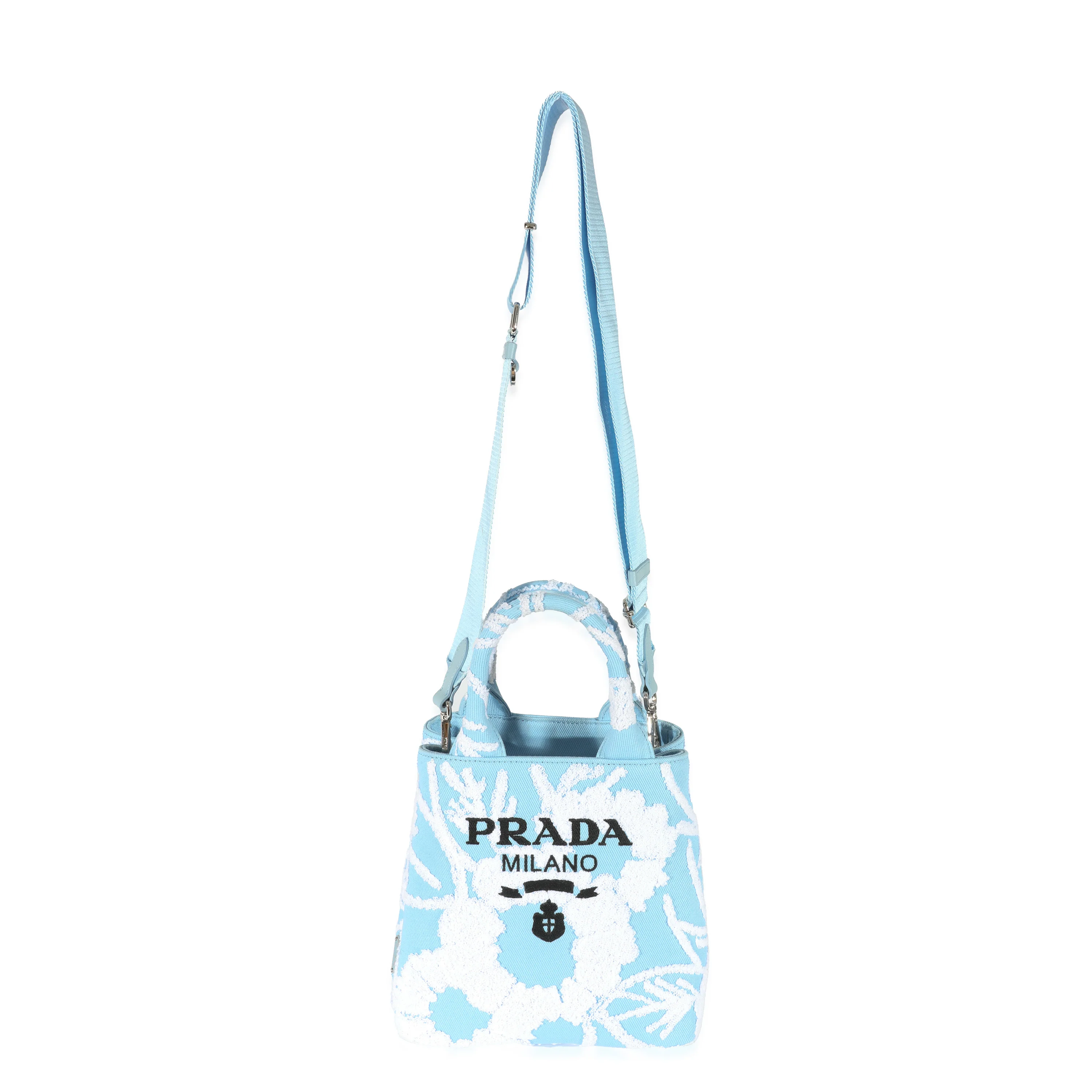 Prada Blue White Embroidered Drill Top Handle - Image 4