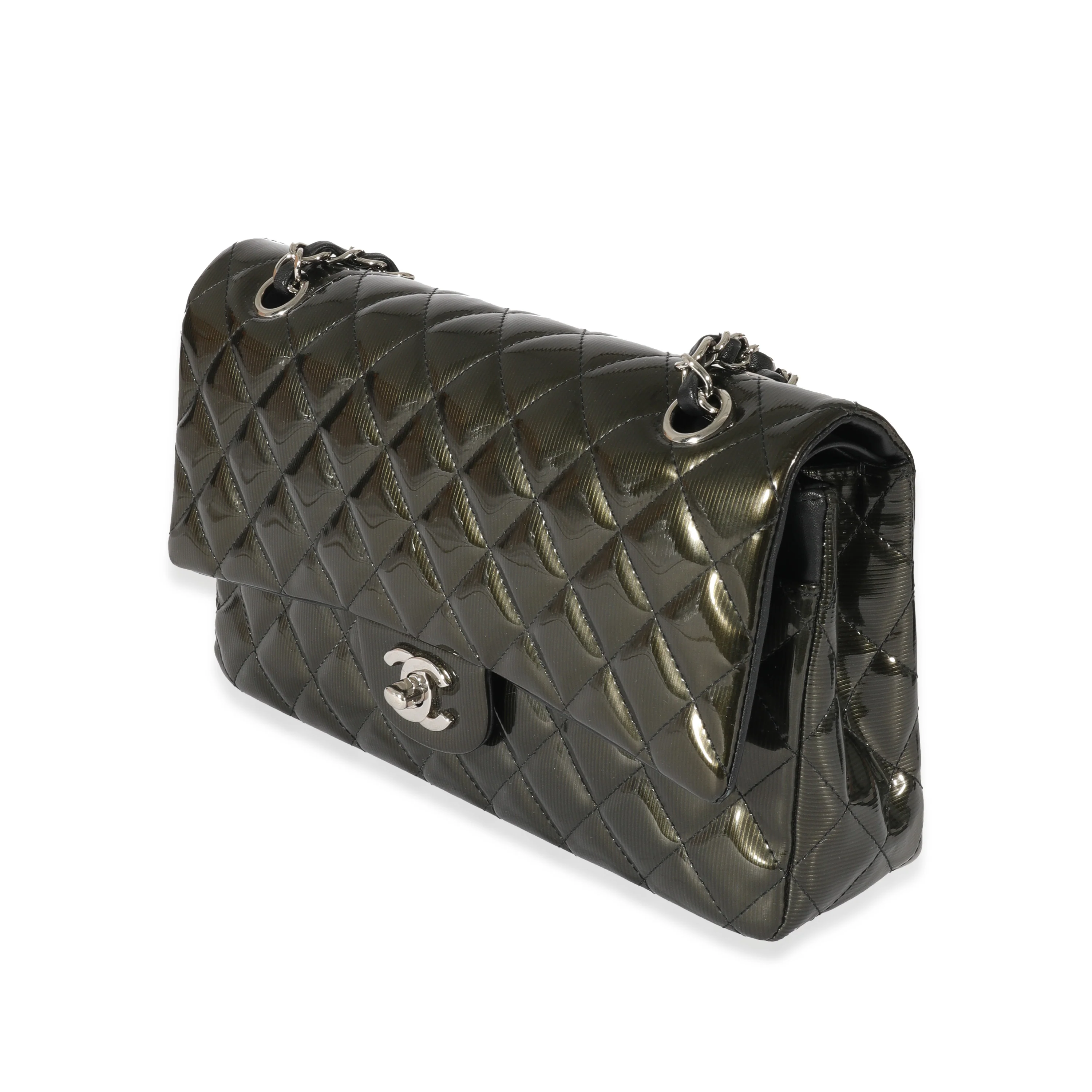 Chanel Green Patent Stripe Medium Classic Flap - Image 2