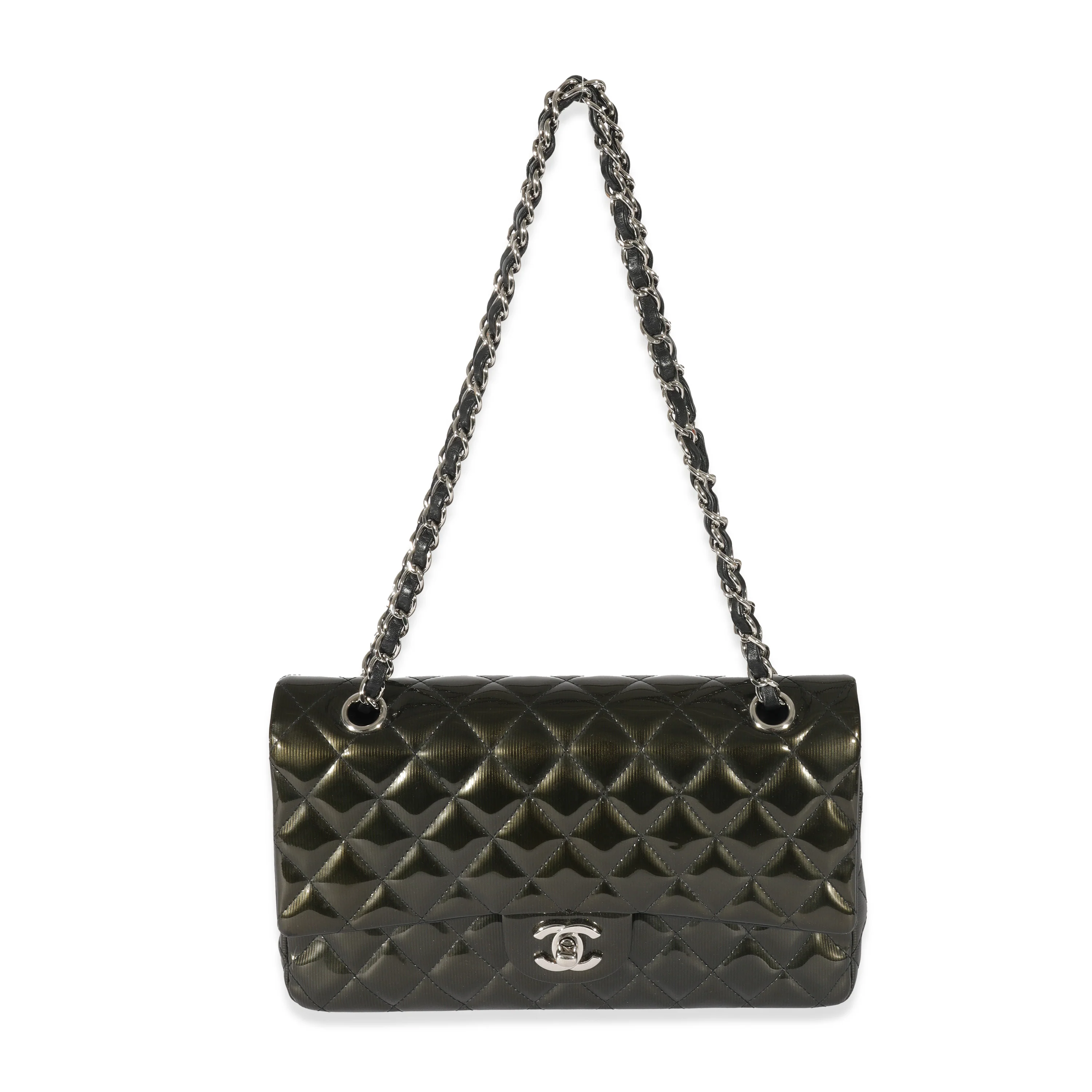 Chanel Green Patent Stripe Medium Classic Flap - Image 4