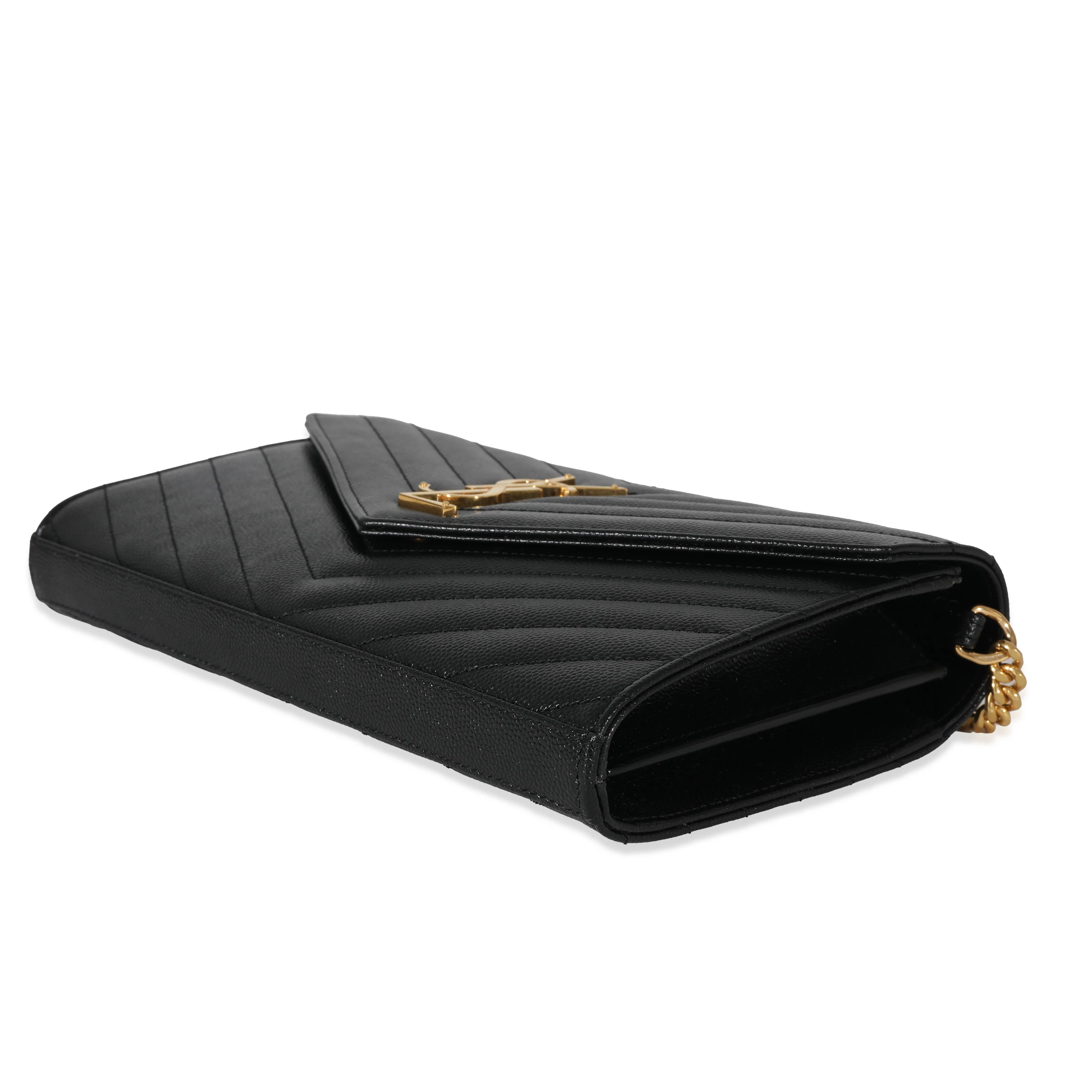 Saint Laurent Black Graine De Poudre Cassandra Envelope Chain Wallet - Image 7