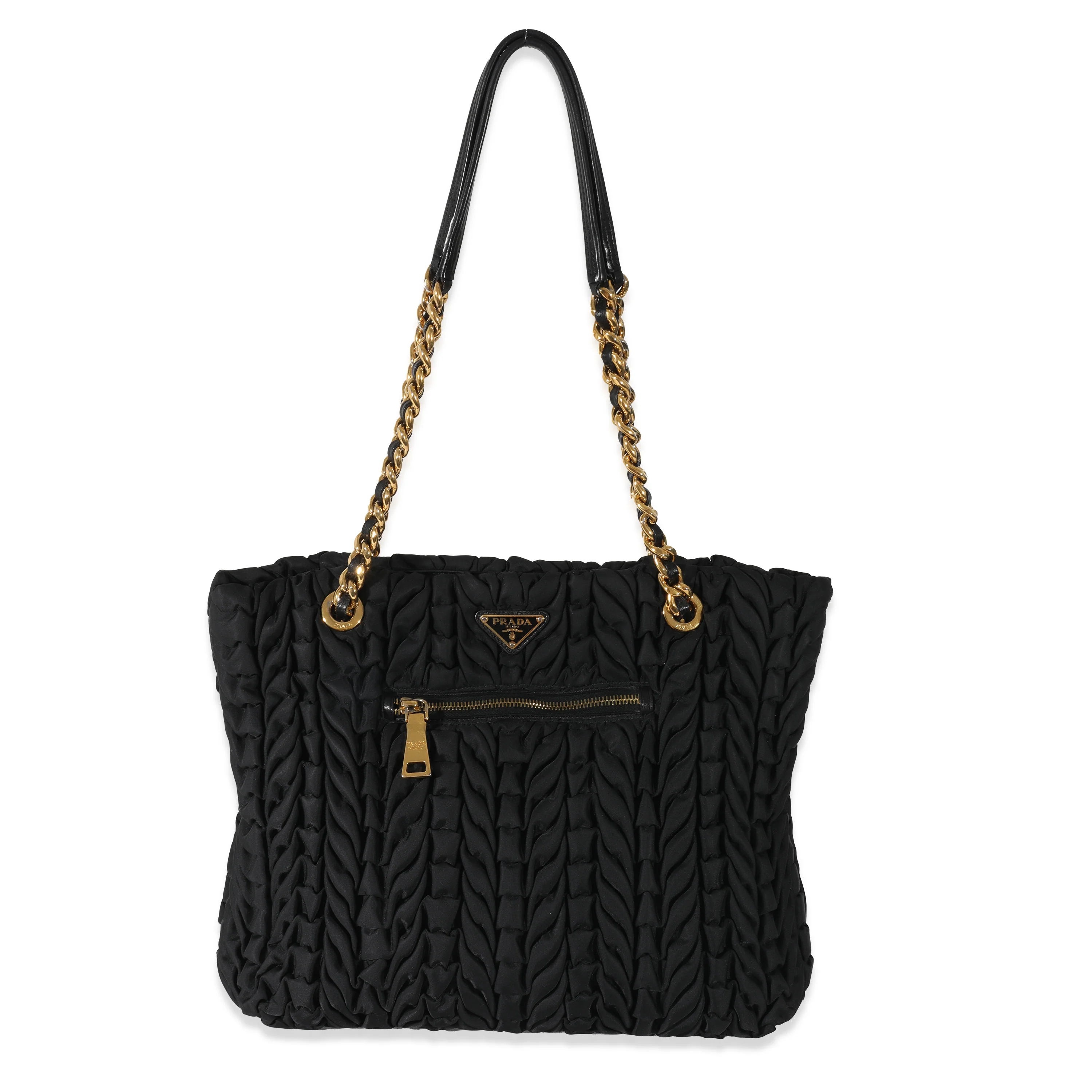 Prada Black Nylon Ruched Chain Tote