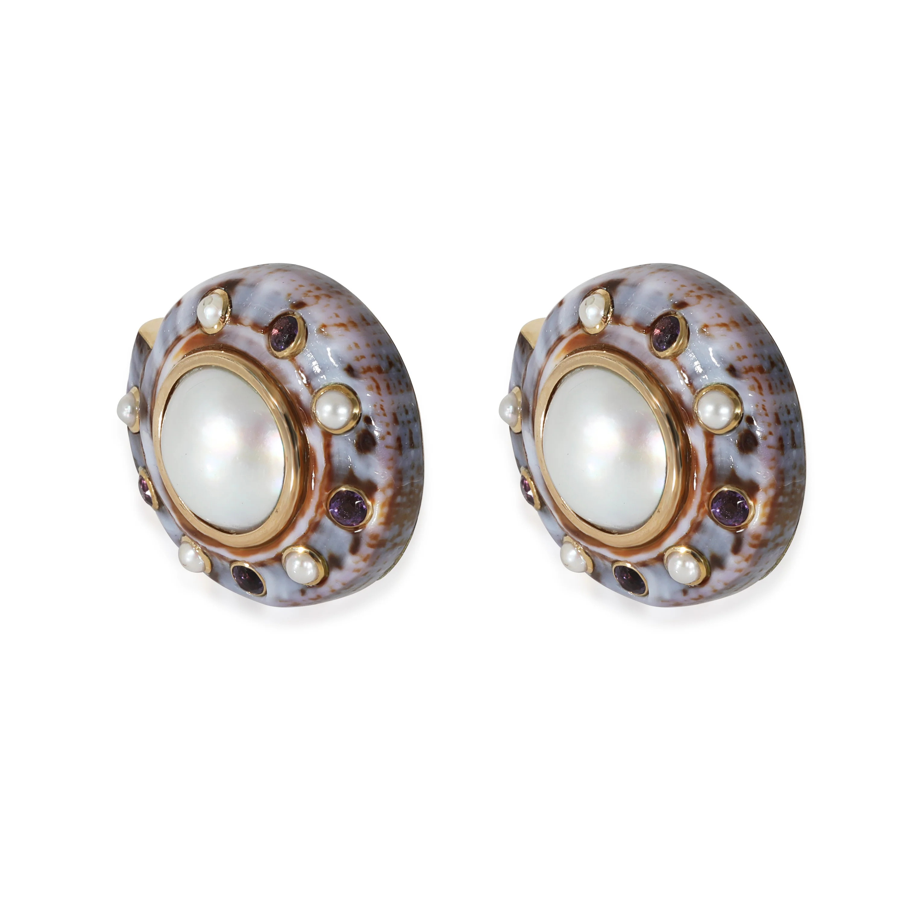 (Seaman Shepps) Mabe Pearl, Amethyst & Shell Earring in 18k Yellow Gold - Image 2