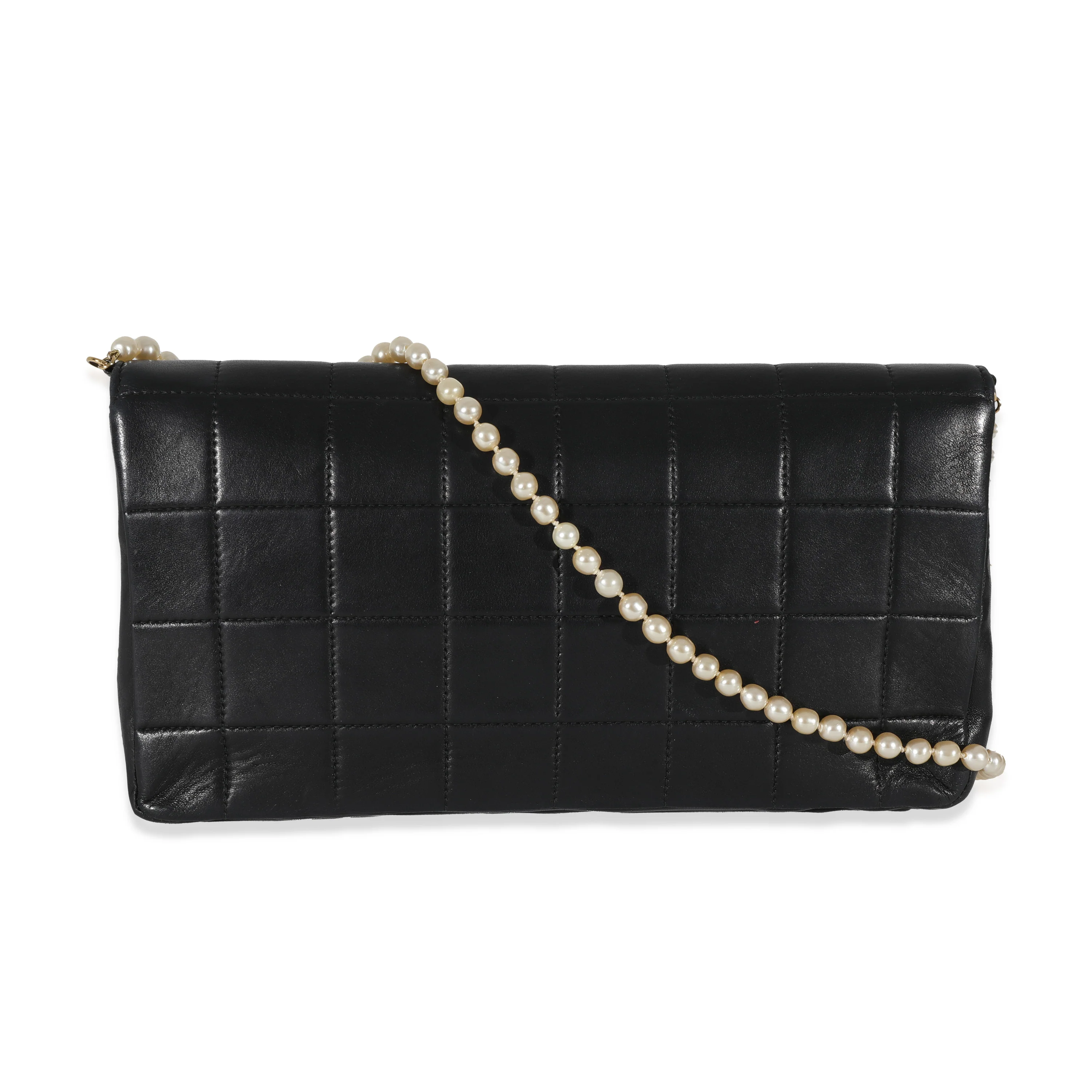 Chanel Vintage Black Lambskin Square Quilted Pearl Chain Clutch - Image 3