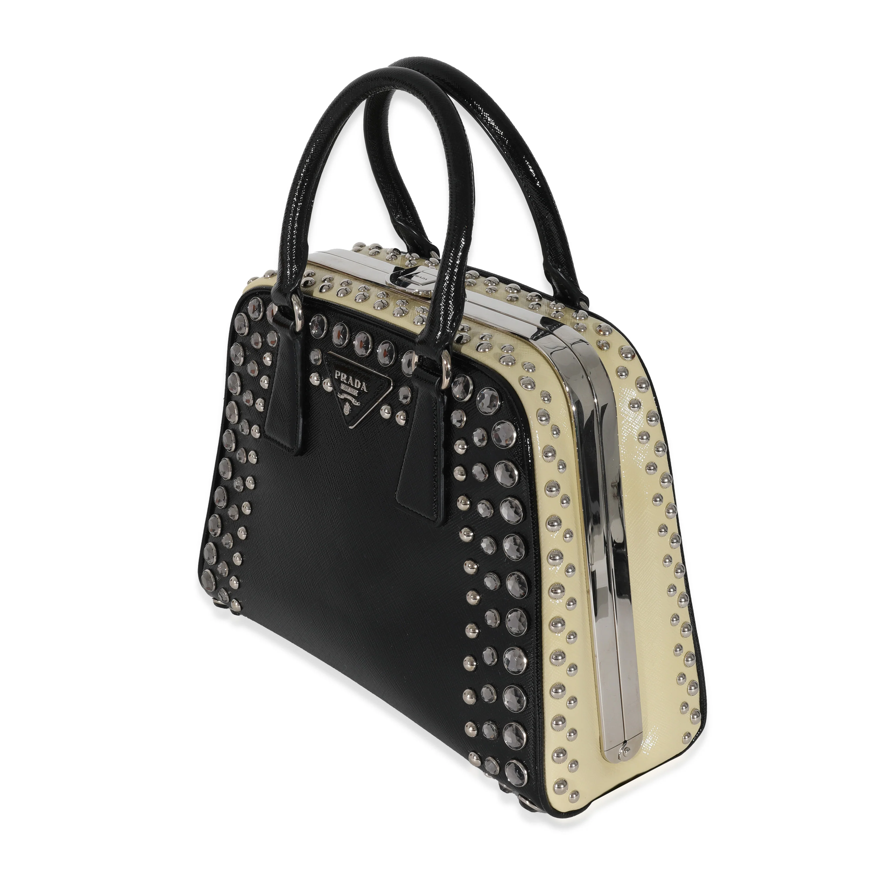 Prada Black White Saffiano Patent Pyramid Studded Frame Satchel - Image 2