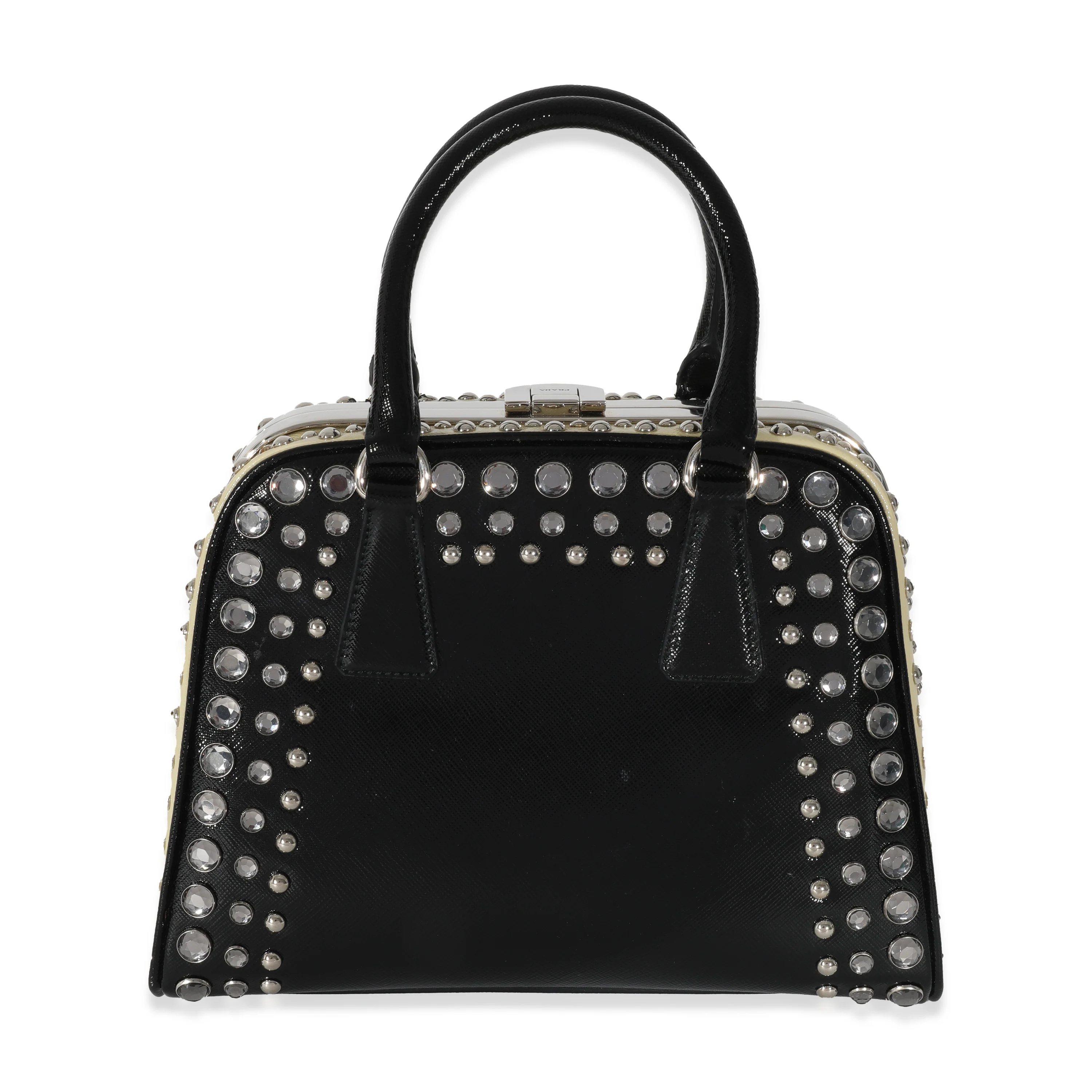 Prada Black White Saffiano Patent Pyramid Studded Frame Satchel - Image 3