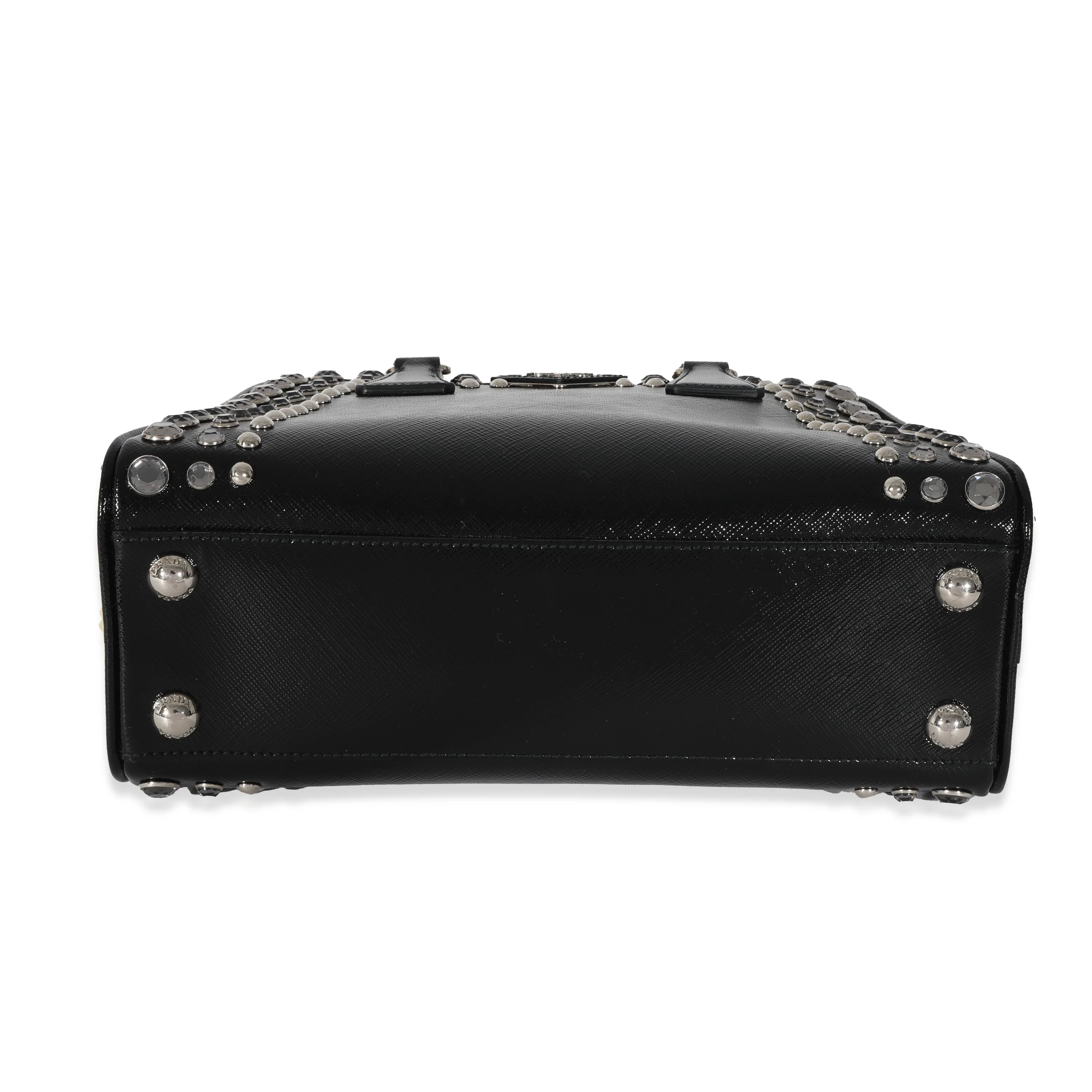 Prada Black White Saffiano Patent Pyramid Studded Frame Satchel - Image 4