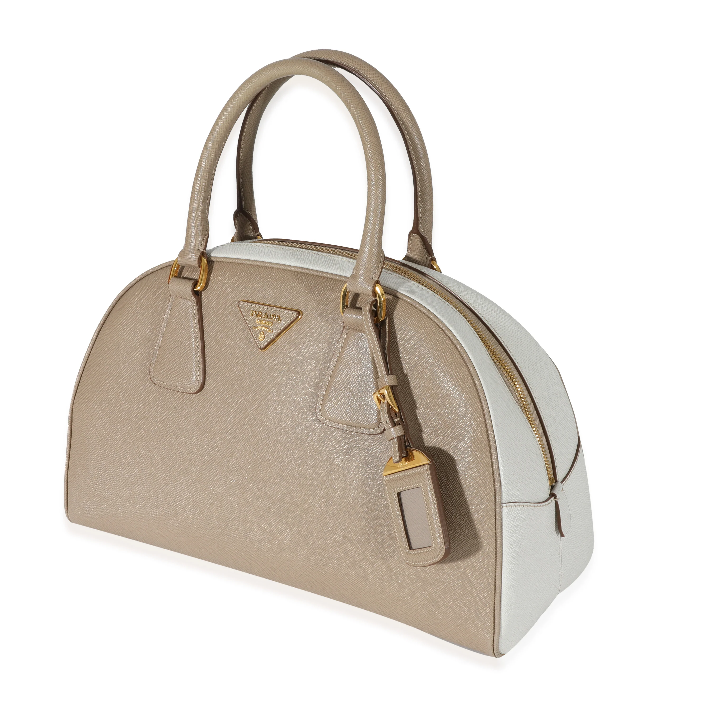 Prada Beige White Bicolor Saffiano Lux Bowler Bag - Image 2
