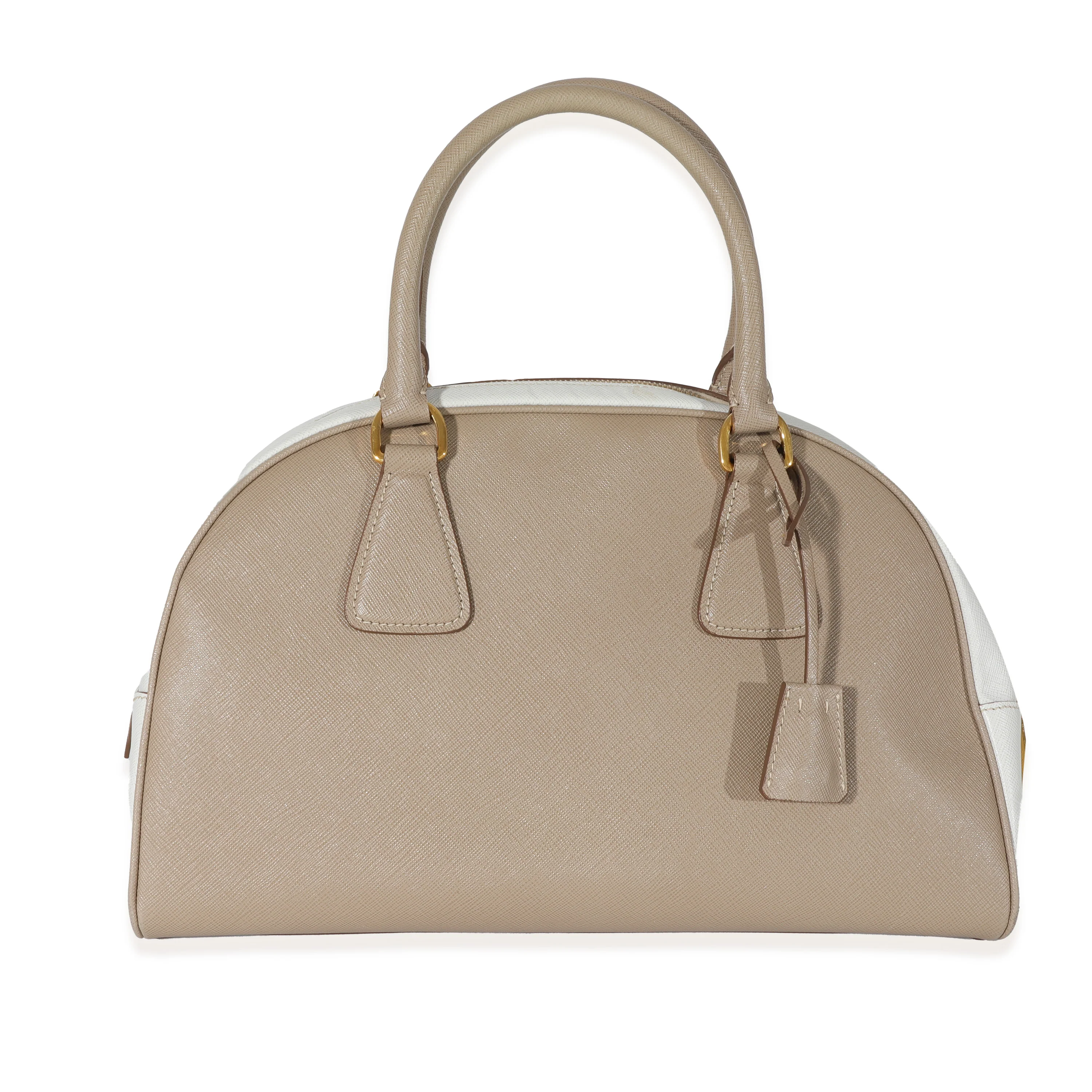 Prada Beige White Bicolor Saffiano Lux Bowler Bag - Image 4
