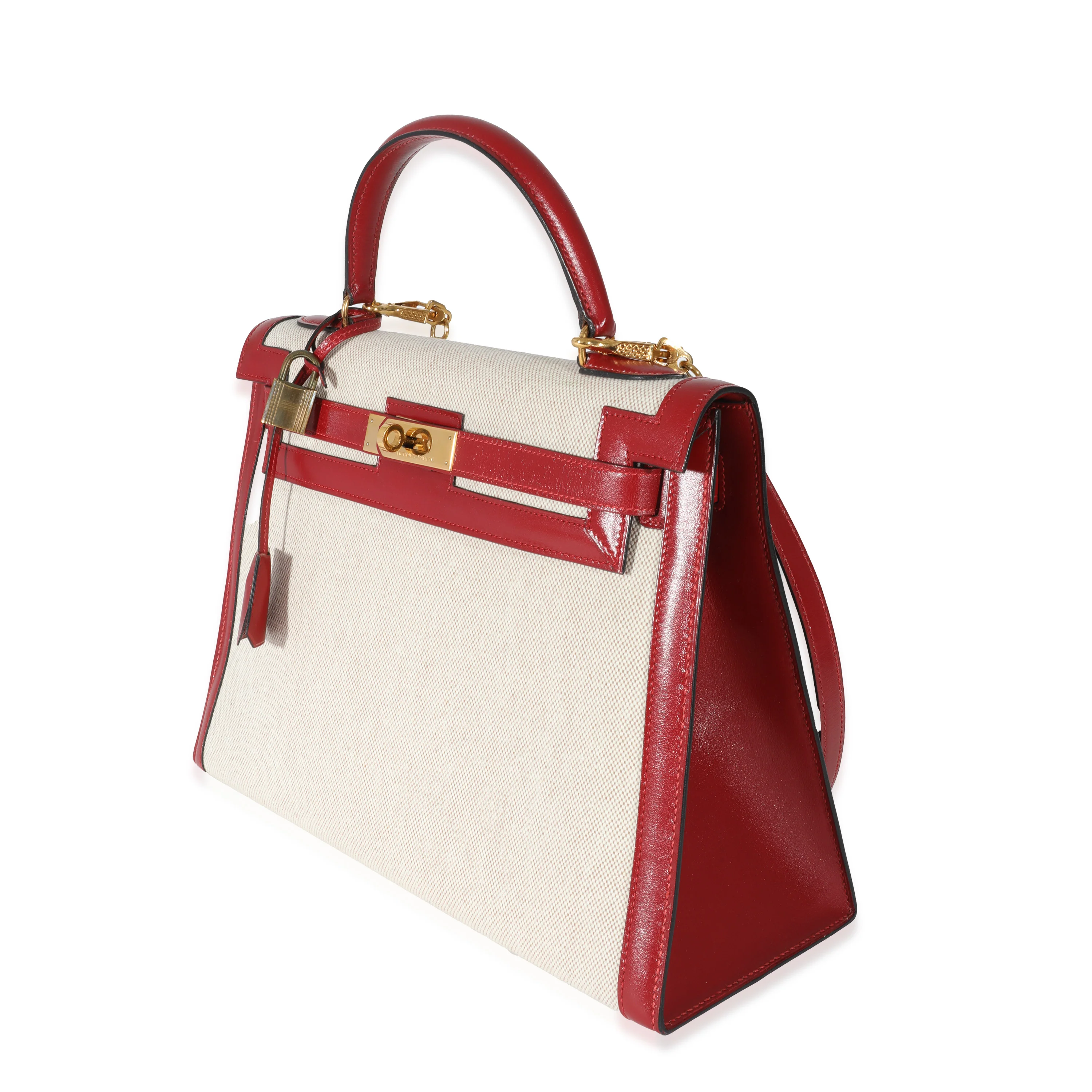 Hermes Vintage Rouge Box Natural Toile Sellier Kelly 32 GHW - Image 2