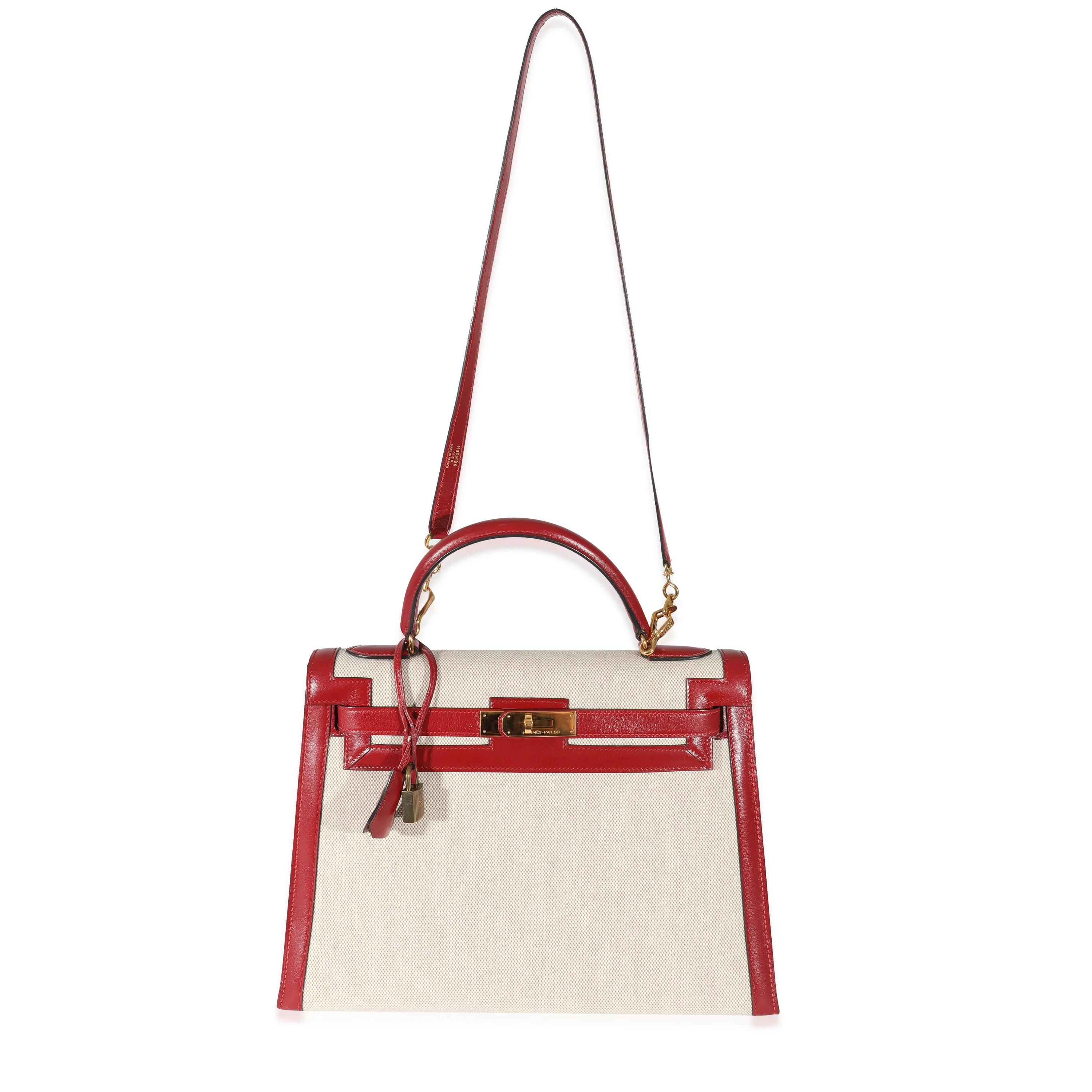 Hermes Vintage Rouge Box Natural Toile Sellier Kelly 32 GHW - Image 4