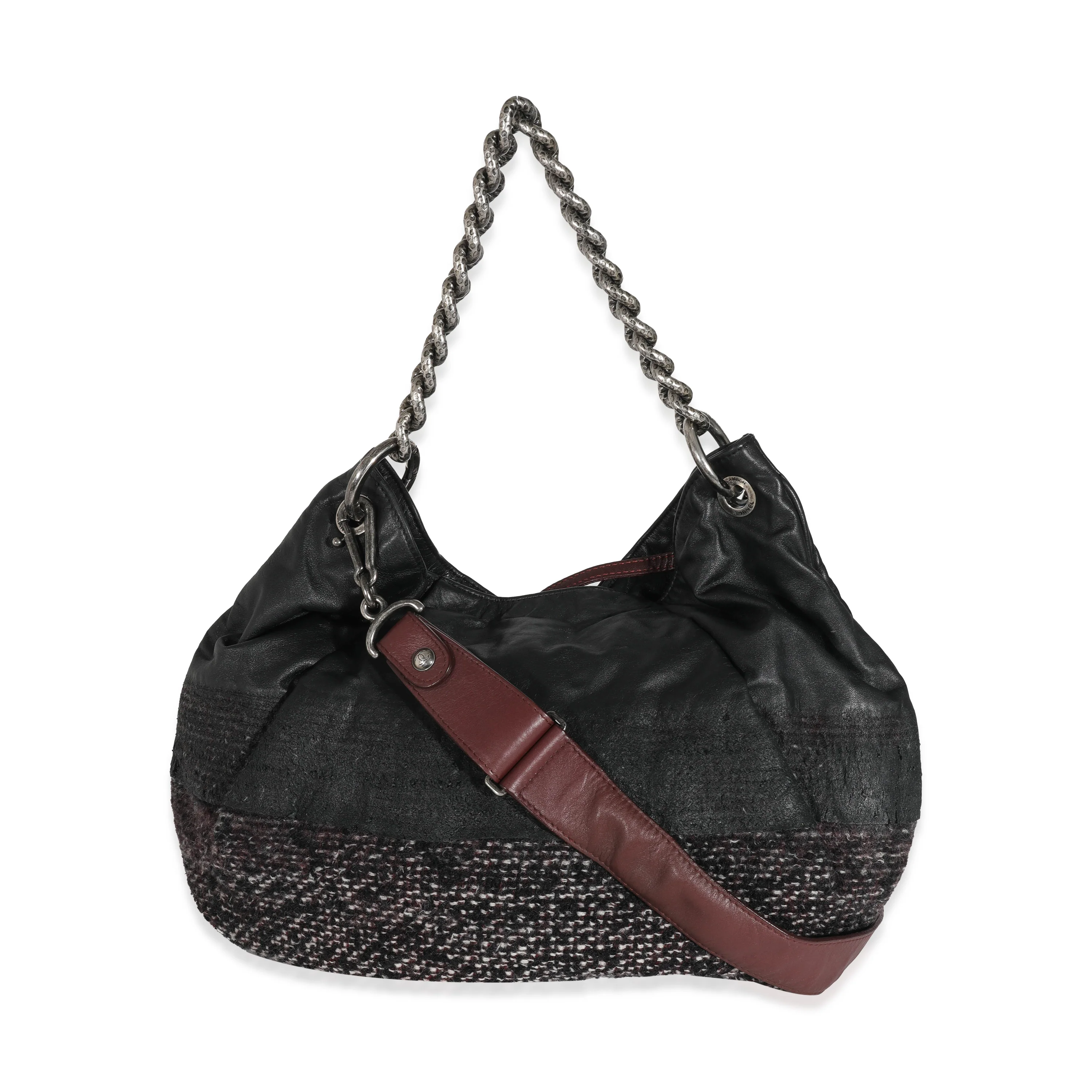 Black Tweed Leather Coco Pleats Hobo - Image 3