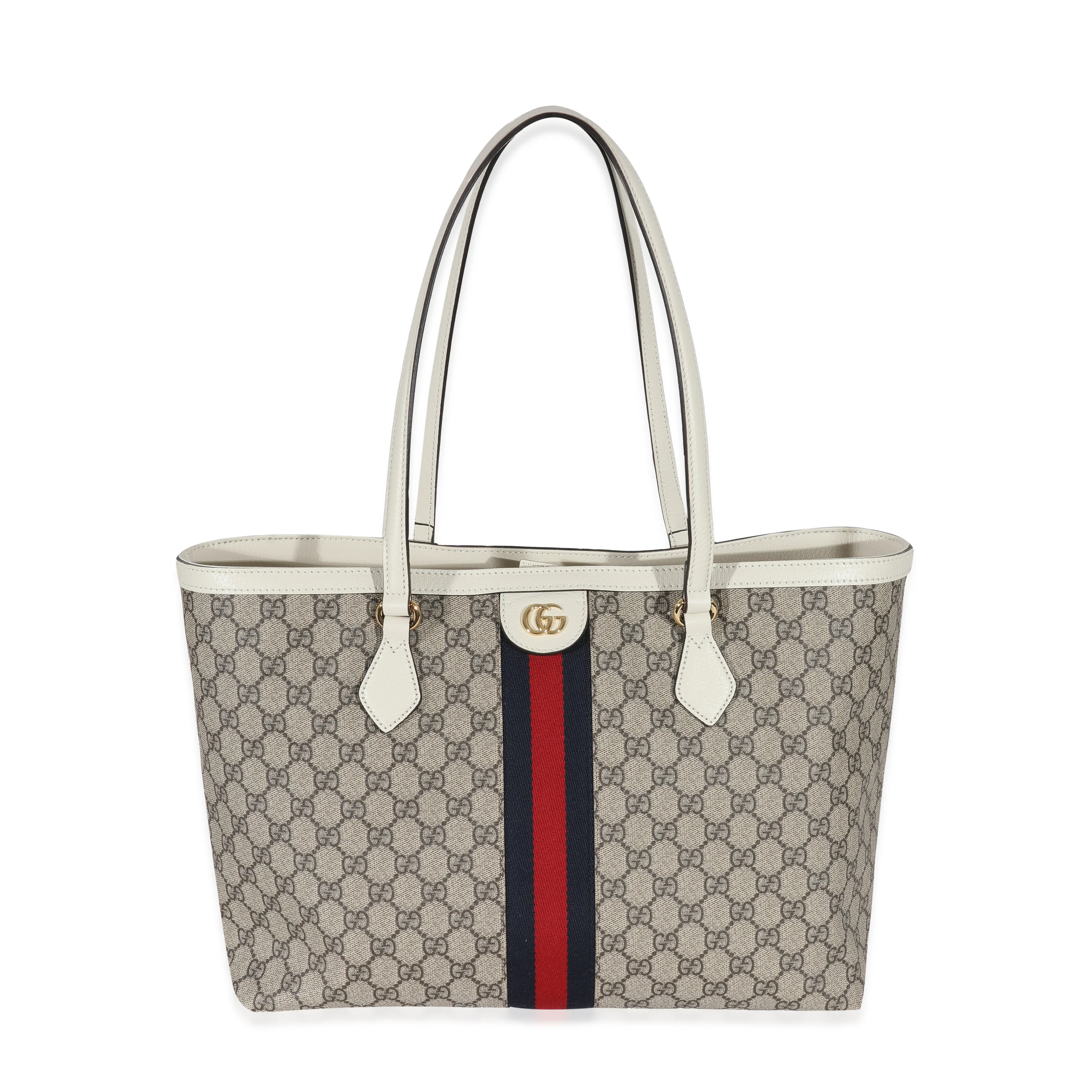 Gucci Beige GG Supreme White Leather Medium Ophidia Tote