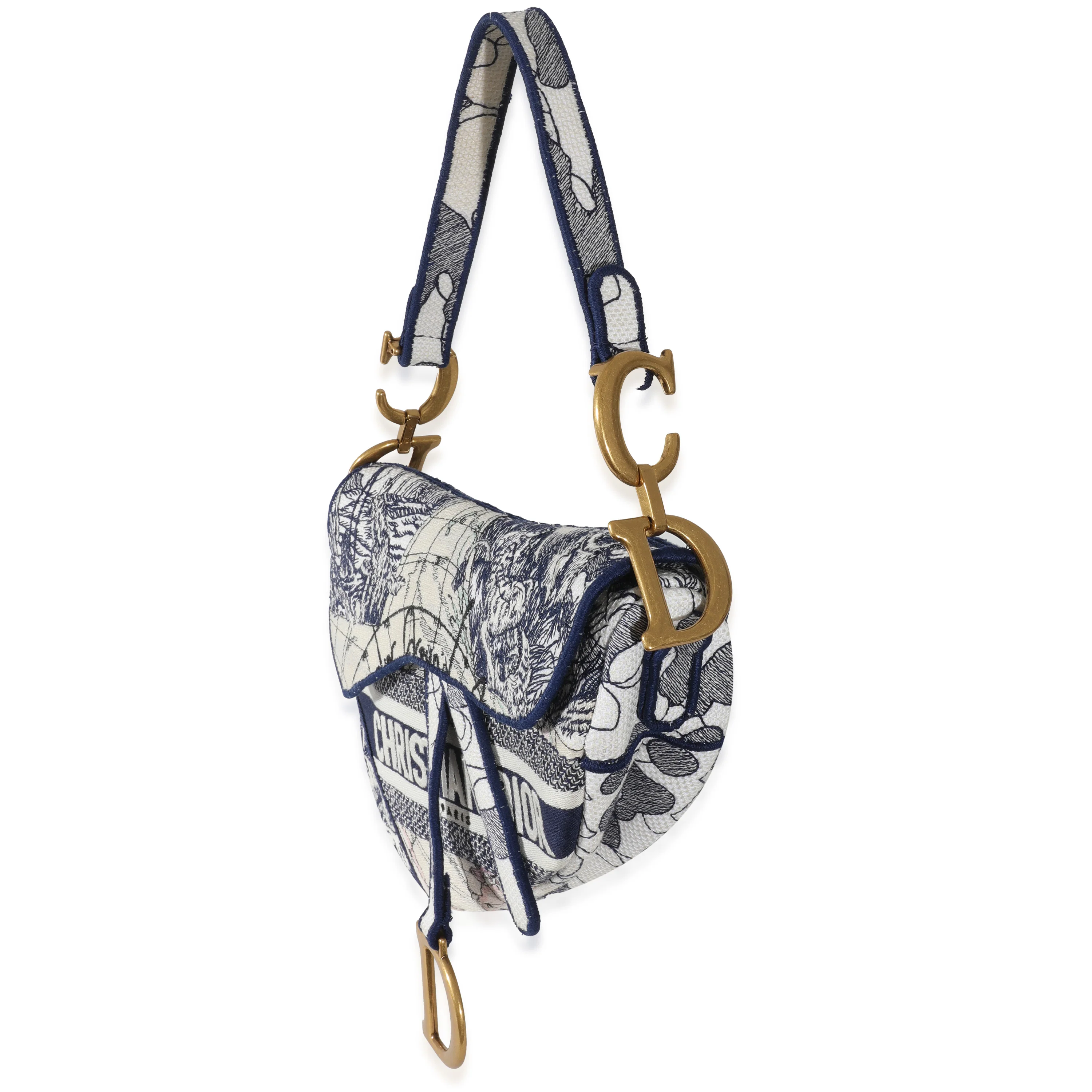 Christian Dior Navy White Embroidered Canvas Around The World Saddle Bag - Image 2