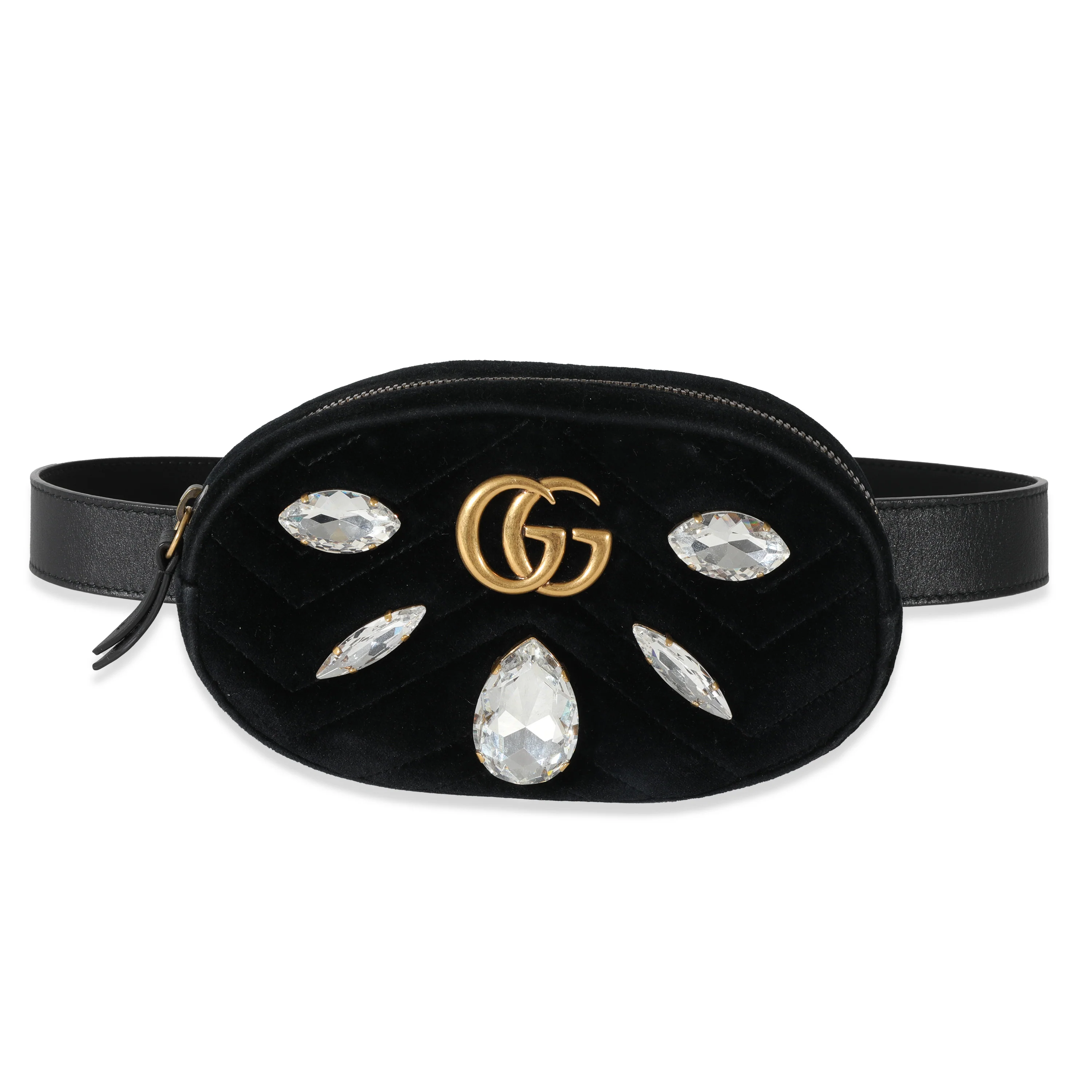 Gucci Black Matelassé Velvet Marquise Crystal GG Marmont Belt Bag
