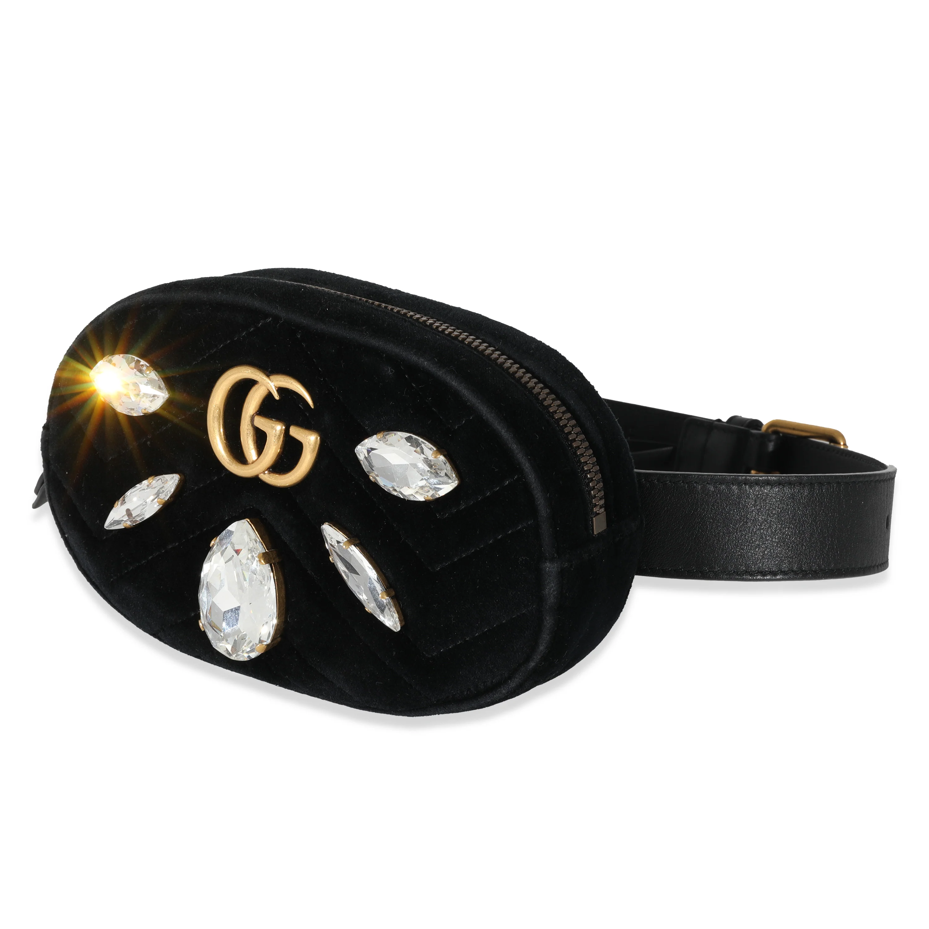 Gucci Black Matelassé Velvet Marquise Crystal GG Marmont Belt Bag - Image 2